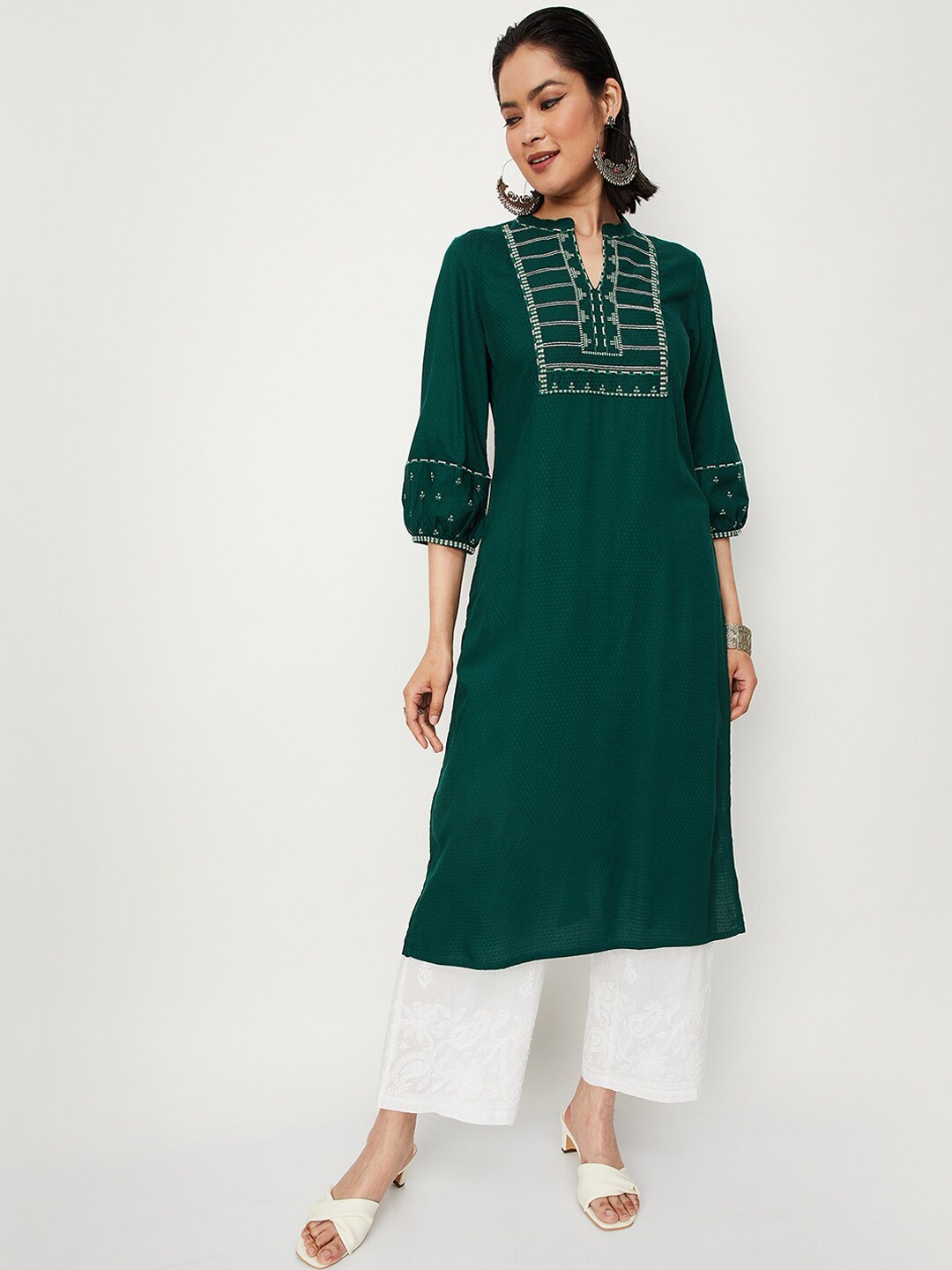 

max Ethnic Motifs Embroidered Thread Work Kurta, Green