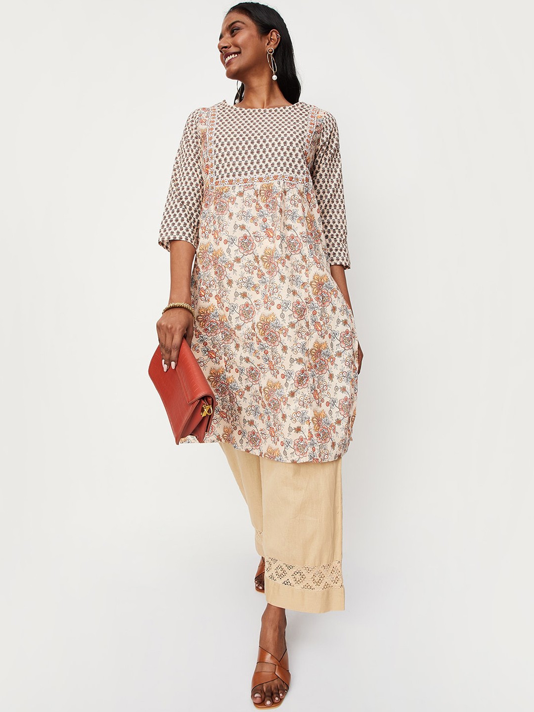 

max Ethnic Motifs Printed Boat Neck Straight Kurta, Peach