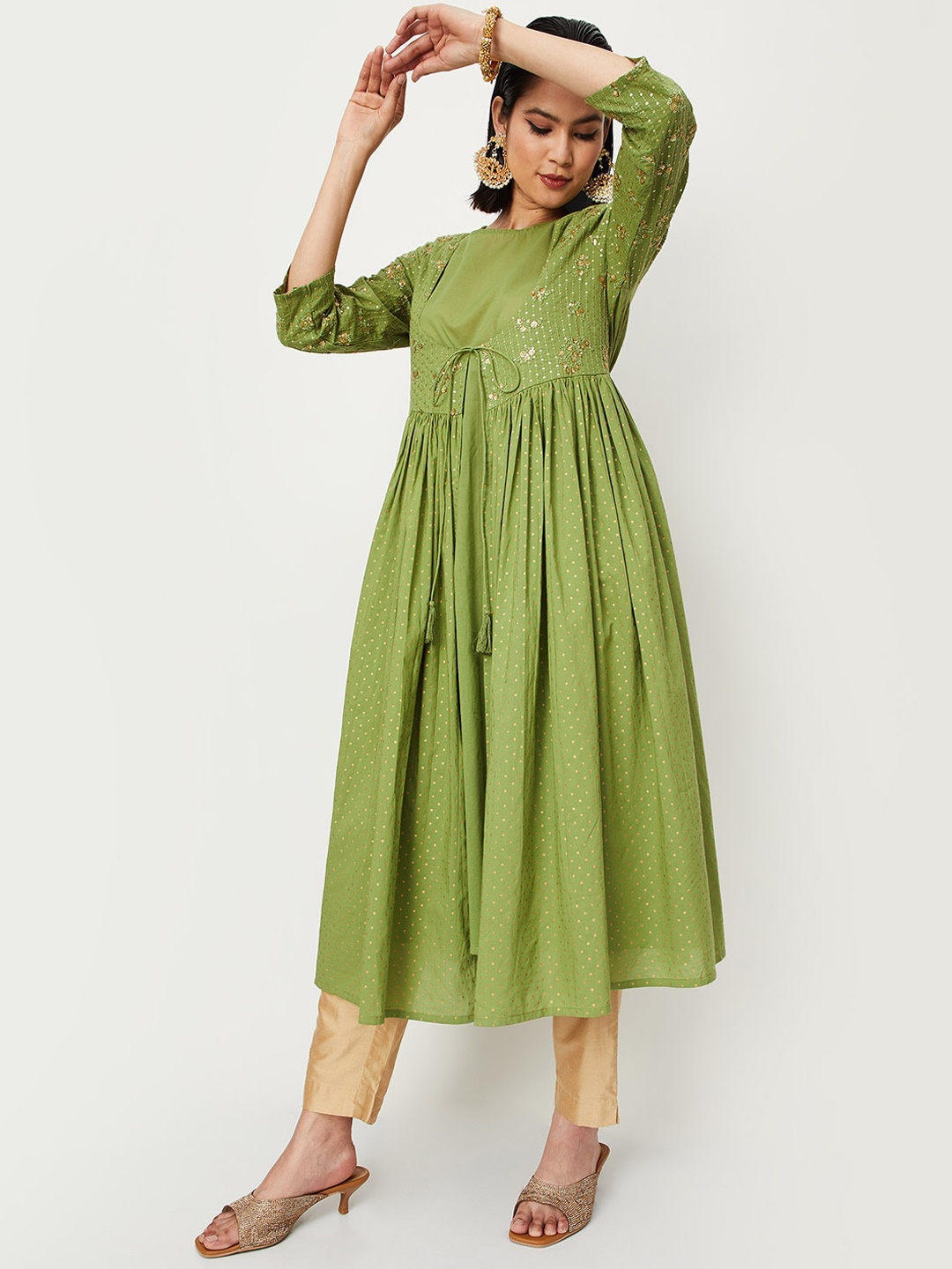

max Embroidered Sequinned Anarkali Kurta With Tie-Up Longline Jacket, Green