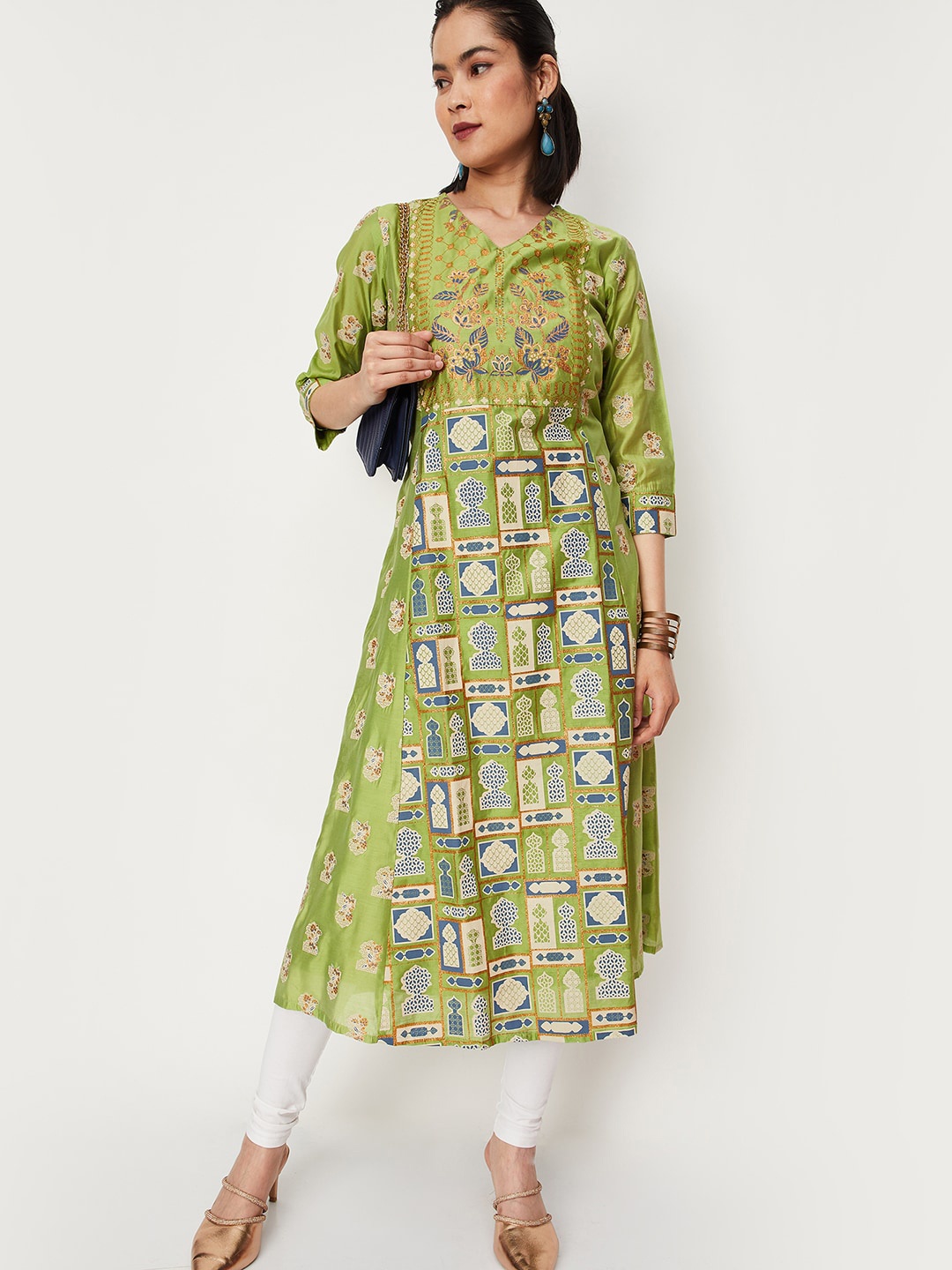 

max Ethnic Motifs Printed Pure Cotton Kurta, Green
