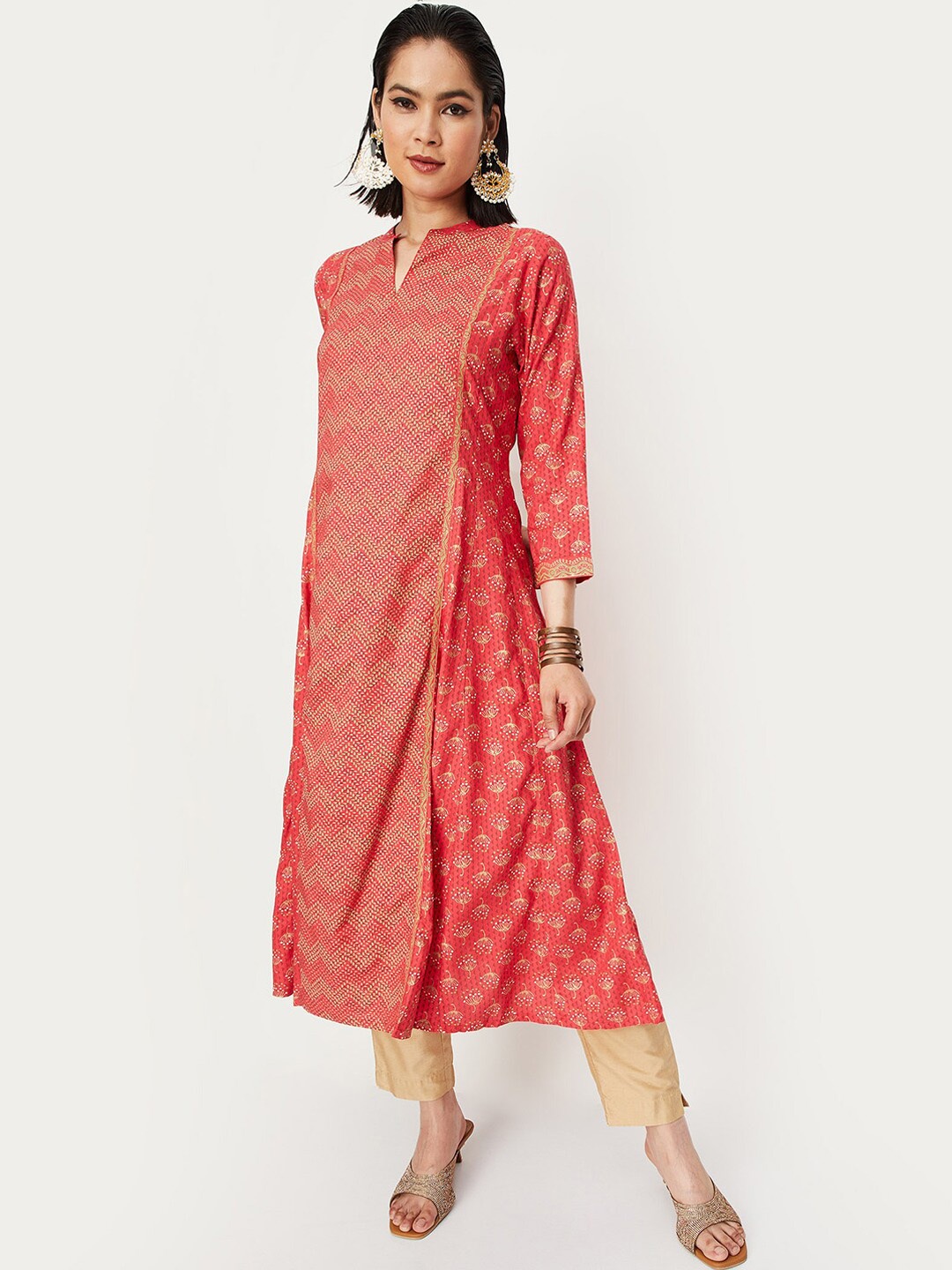 

max Floral Printed Mandarin Collar A-Line Kurta, Rust