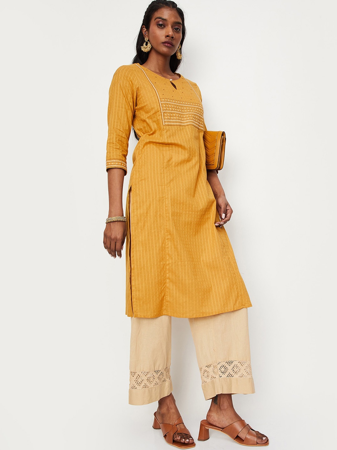 

max Striped Pure Cotton Kurta, Mustard