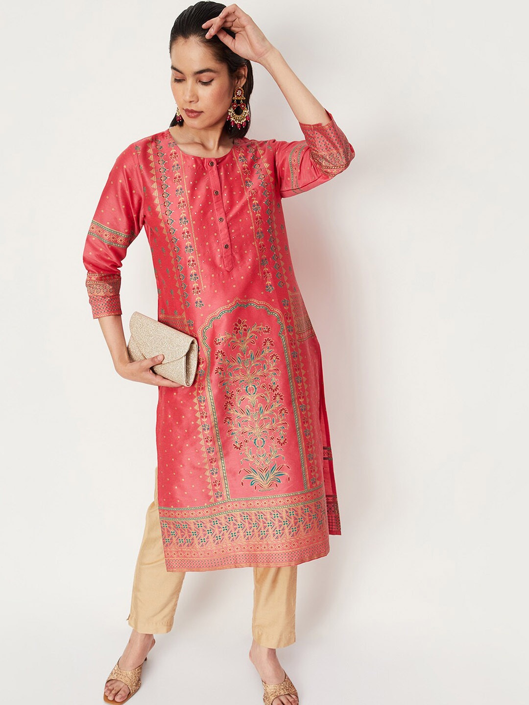 

max Round Neck Floral Printed Kurta, Red