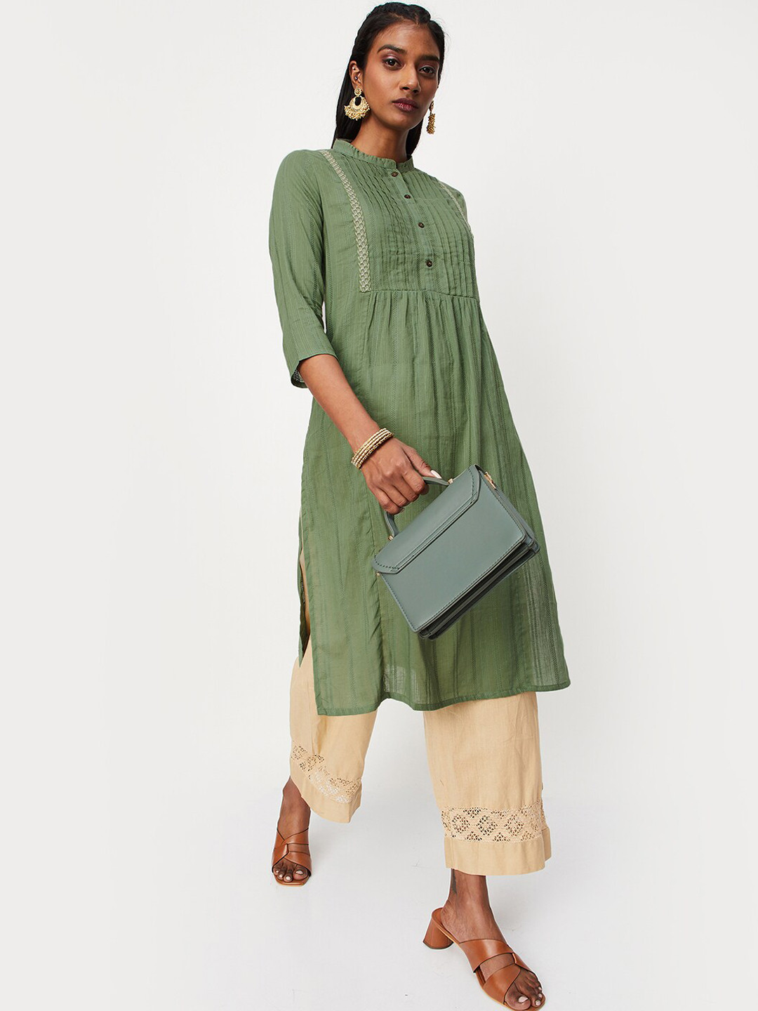 

max Geometric Embroidered Mandarin Collar Cotton A-Line Kurta, Olive