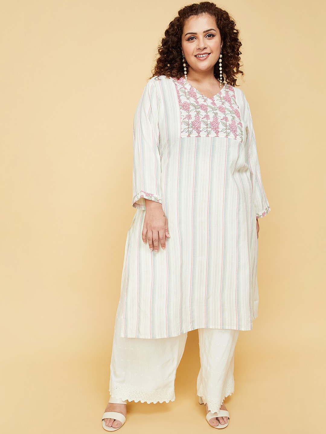 

max Plus Size Striped Cotton Kurta, Off white