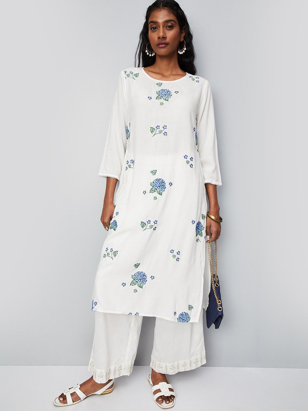 

max Floral Printed Three-Quarter Sleeves Straight Kurta, White