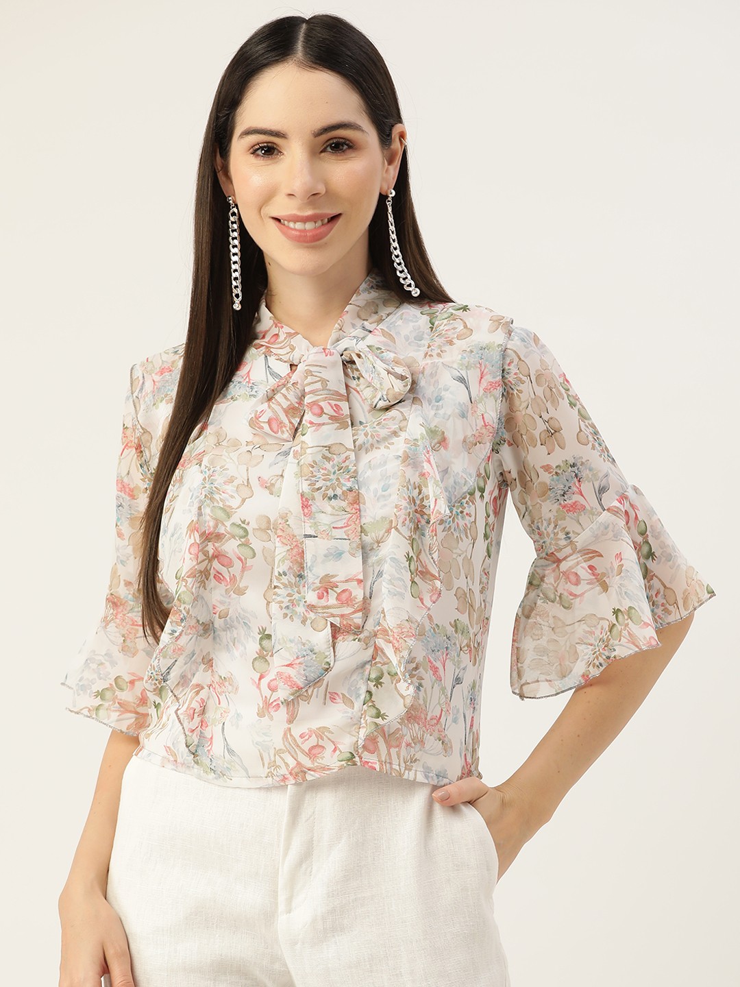 

Alsace Lorraine Paris Floral Print Tie-Up Neck Bell Sleeves Ruffles Georgette Top, White