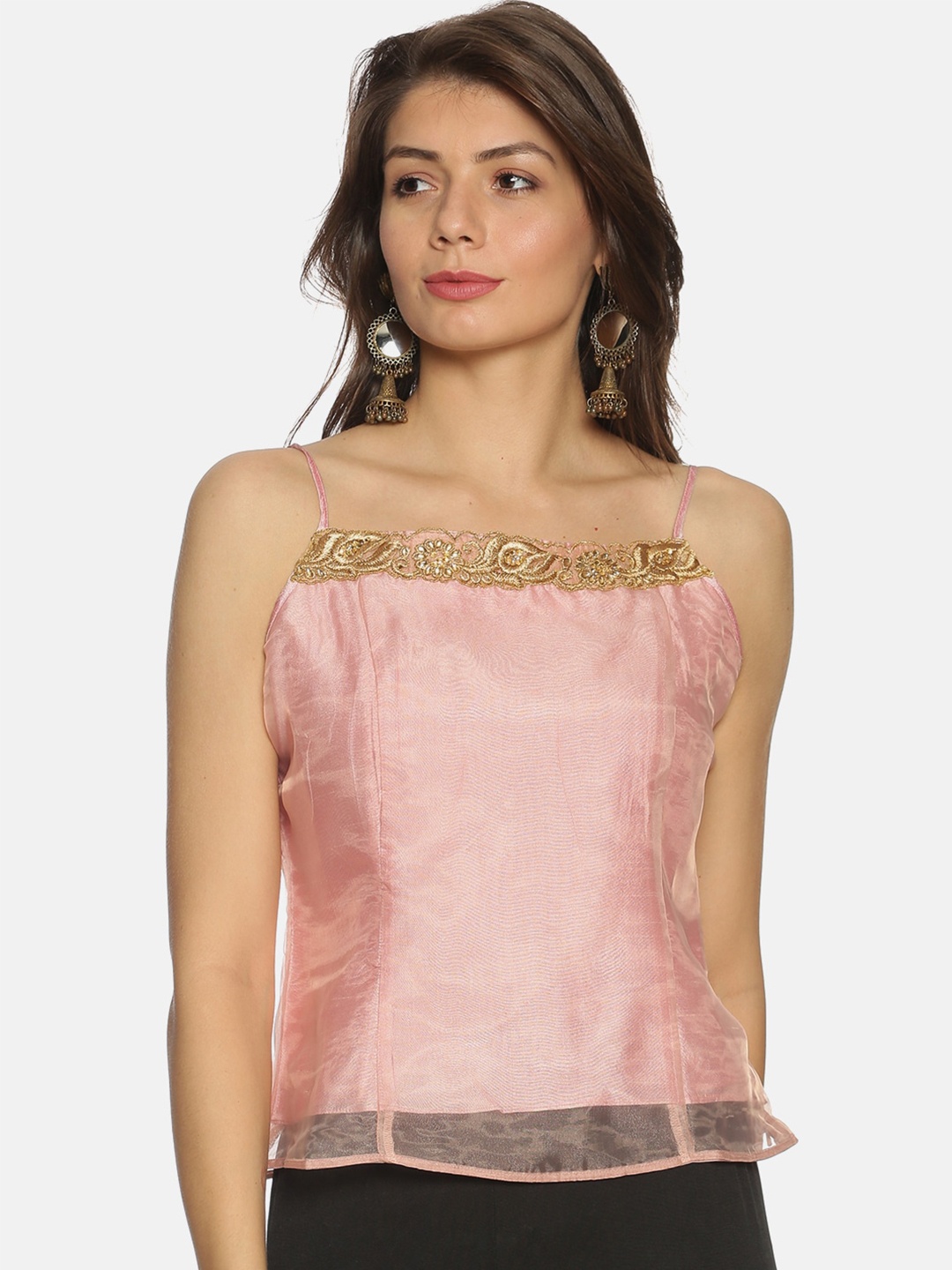 

Ira Soleil Shoulder Straps Embellished Lace-Up Top, Pink