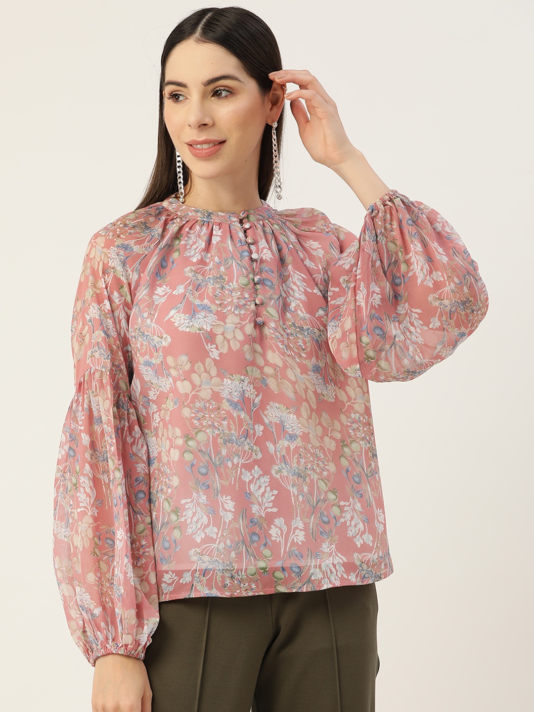 

Alsace Lorraine Paris Floral Print Mandarin Collar Puff Sleeves Georgette Top, Pink