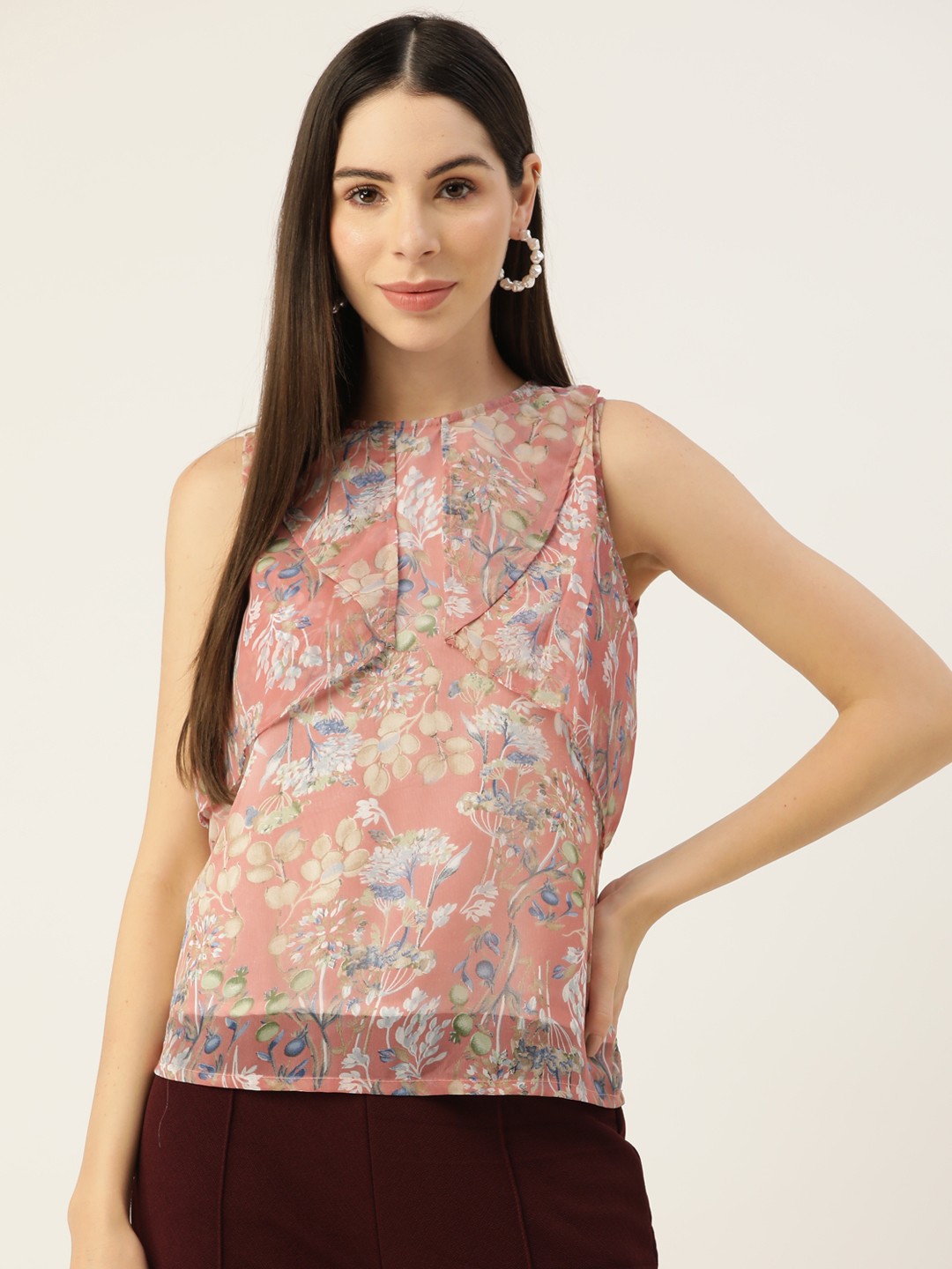 

Alsace Lorraine Paris Floral Print Ruffles Georgette Top, Pink