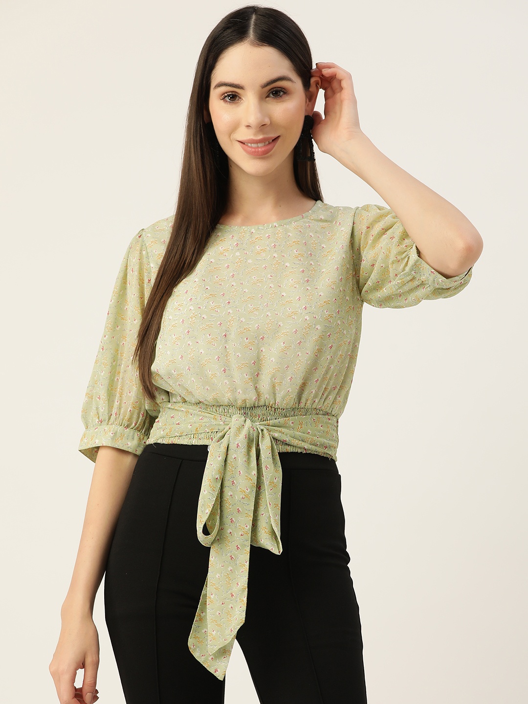 

Alsace Lorraine Paris Floral Print Puff Sleeves Cinched Waist Crop Top, Green