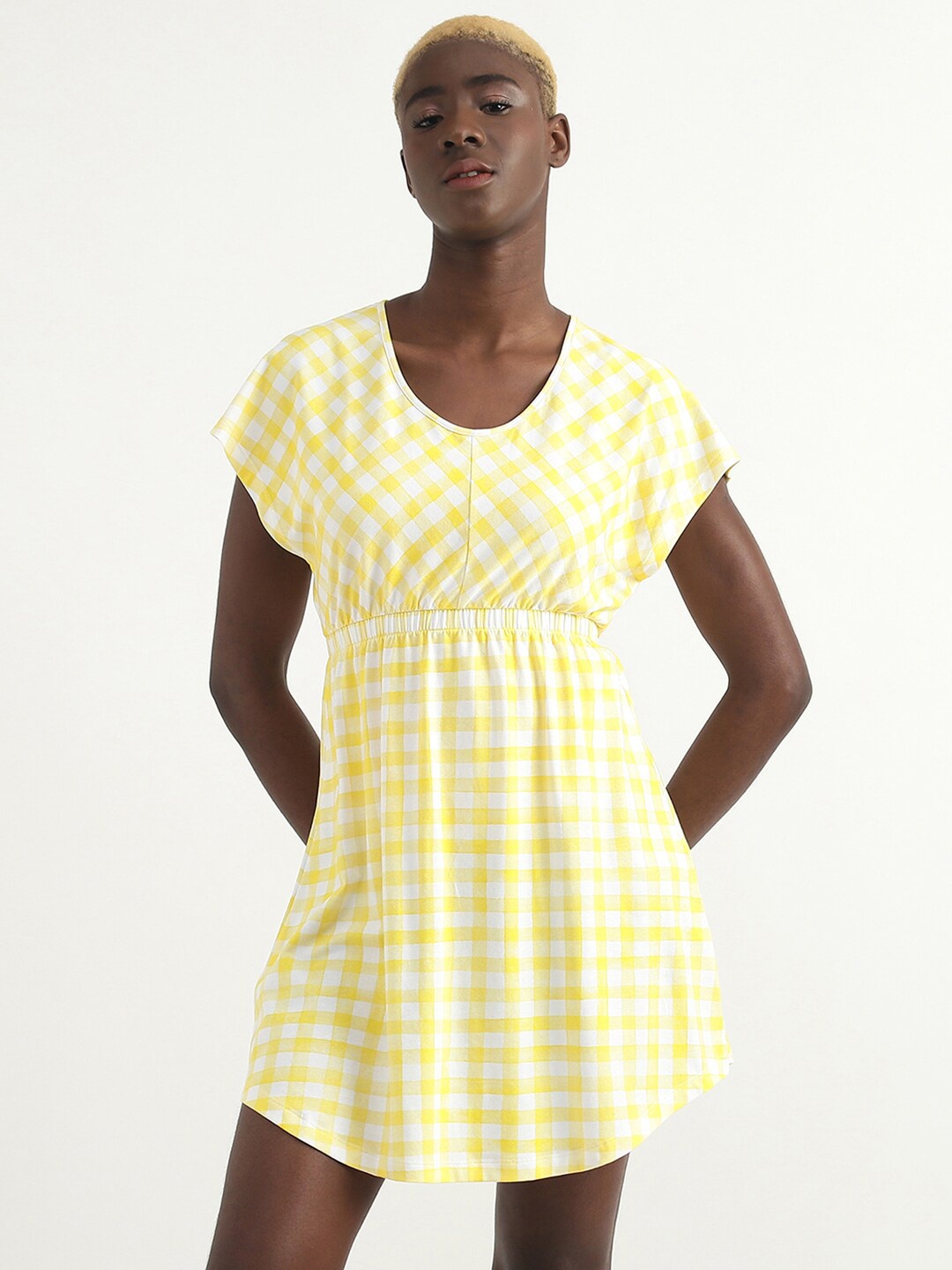 United Colors of Benetton Checks Cotton A-Line Dress, Yellow