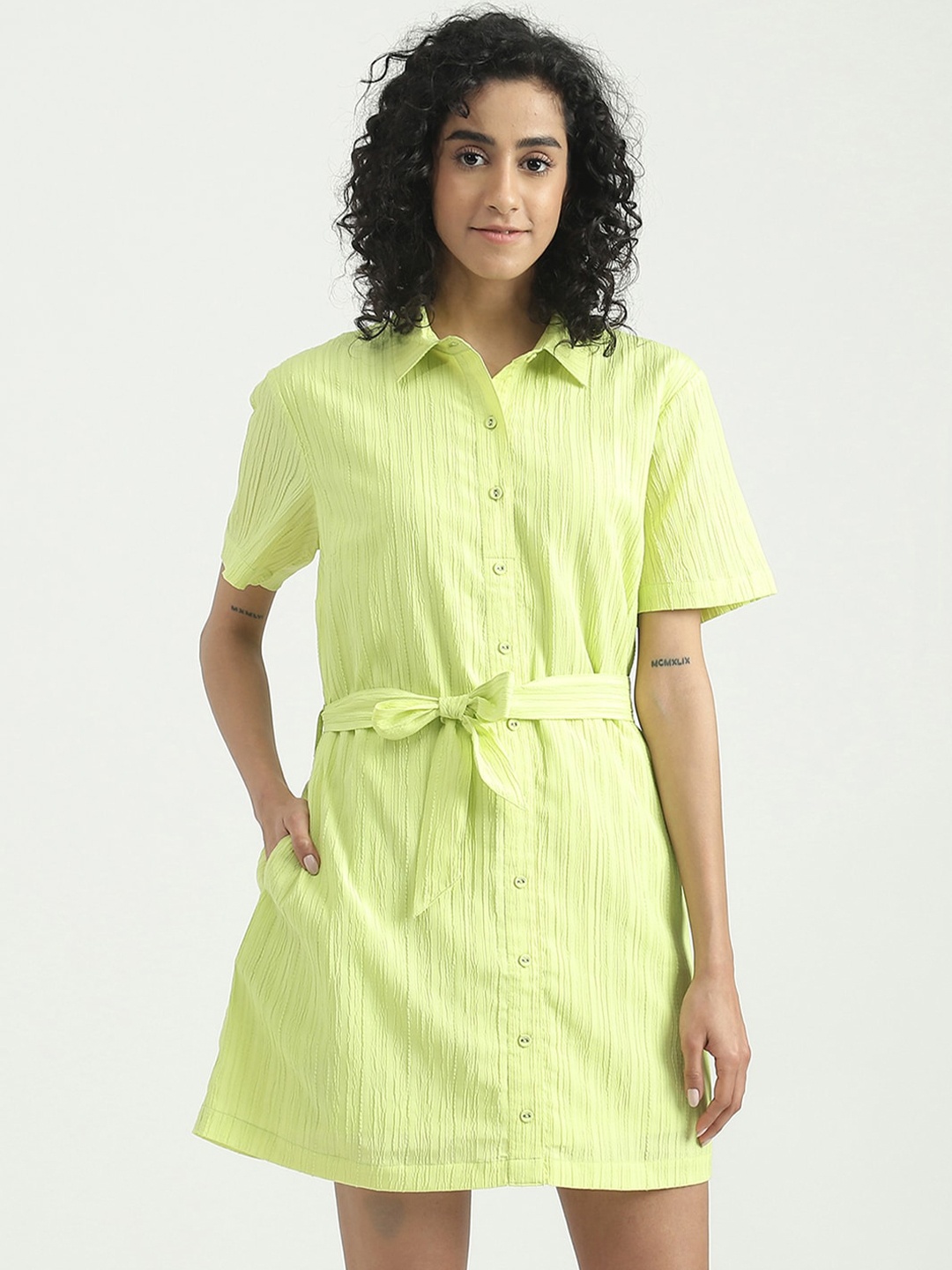 

United Colors of Benetton Spread Collar Belted Self Design Shirt Dress, Lime green