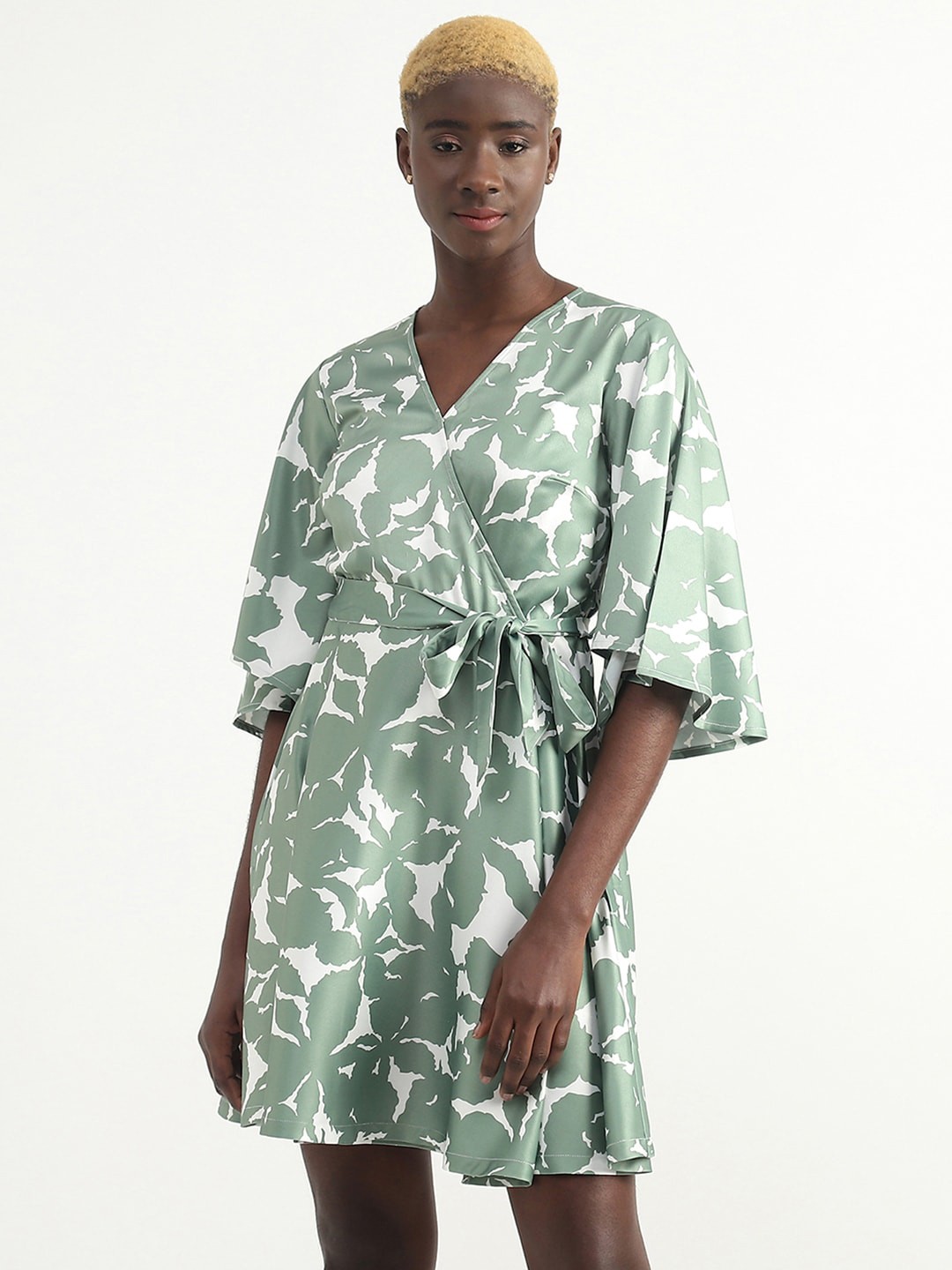 United Colors of Benetton V-Neck Flutter Sleeves Abstract Printed A-Line Dress, Green