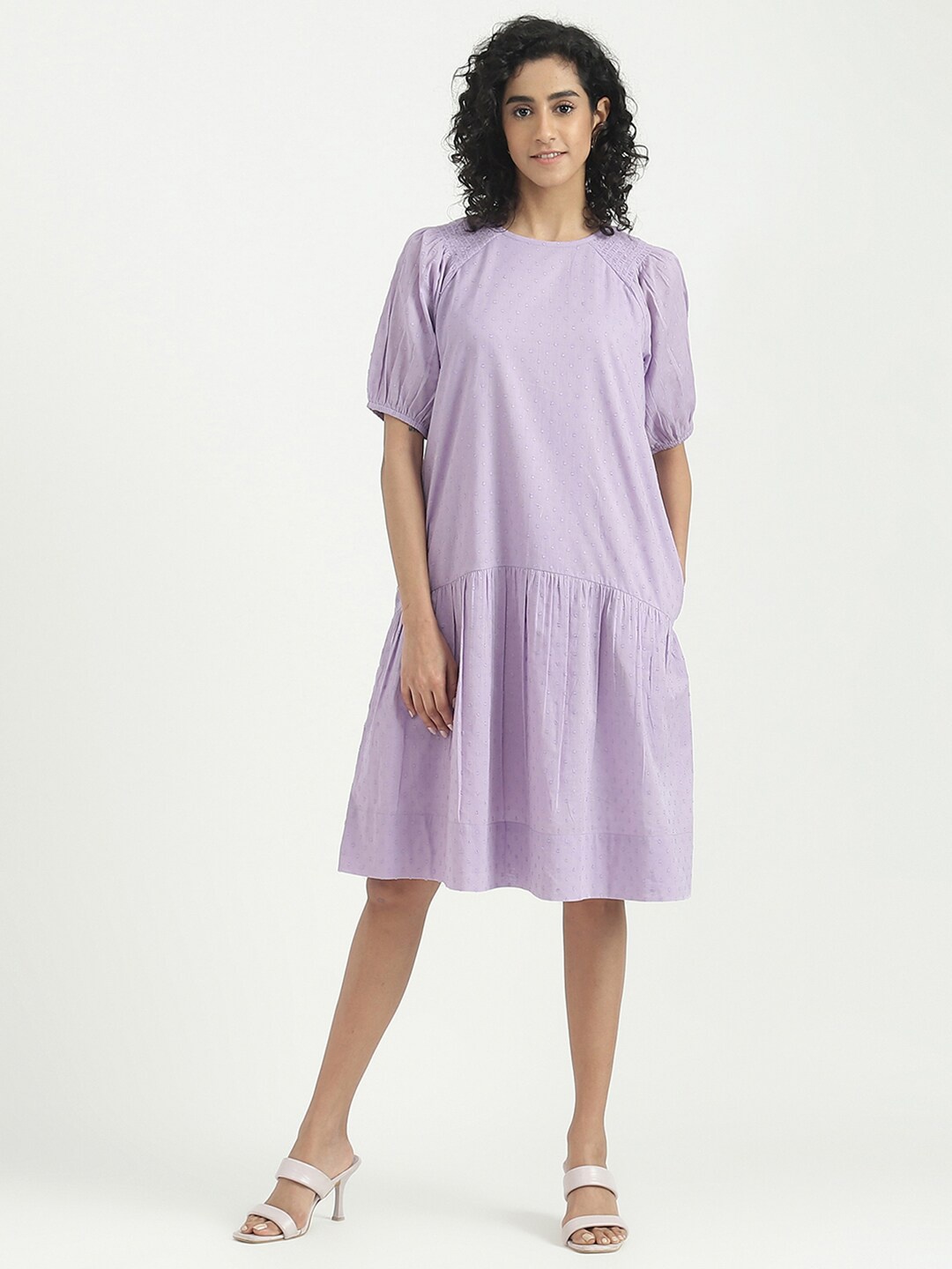 

United Colors of Benetton Purple Puff Sleeve Drop-Waist Dress