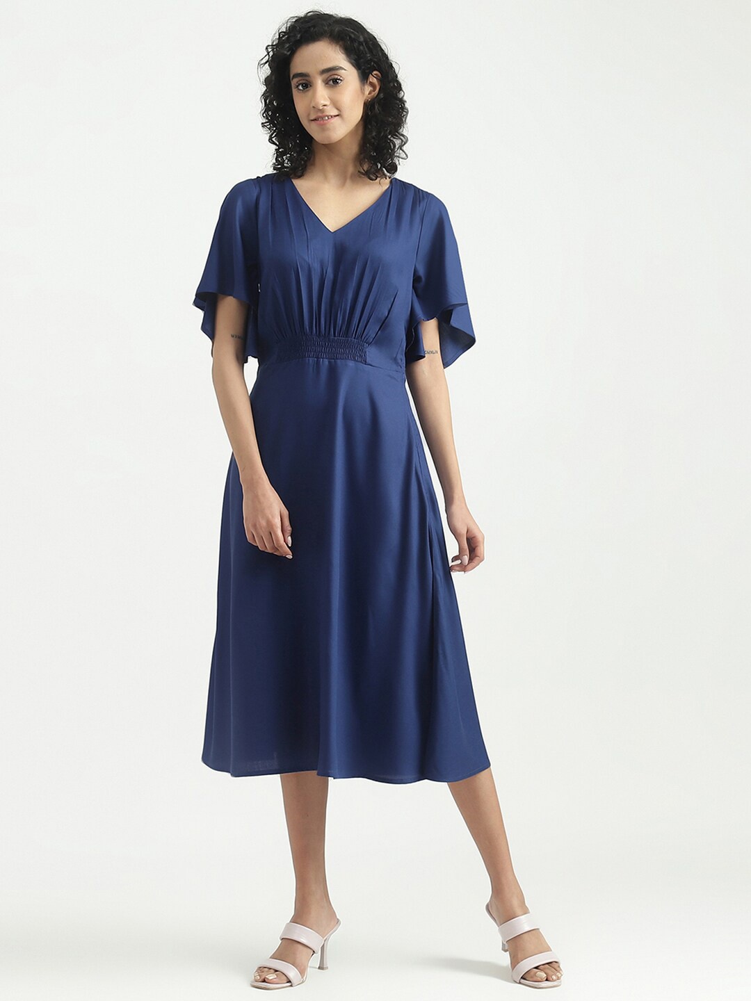 

United Colors of Benetton V-Neck Flutter Sleeves Fit & Flare Midi Dress, Blue