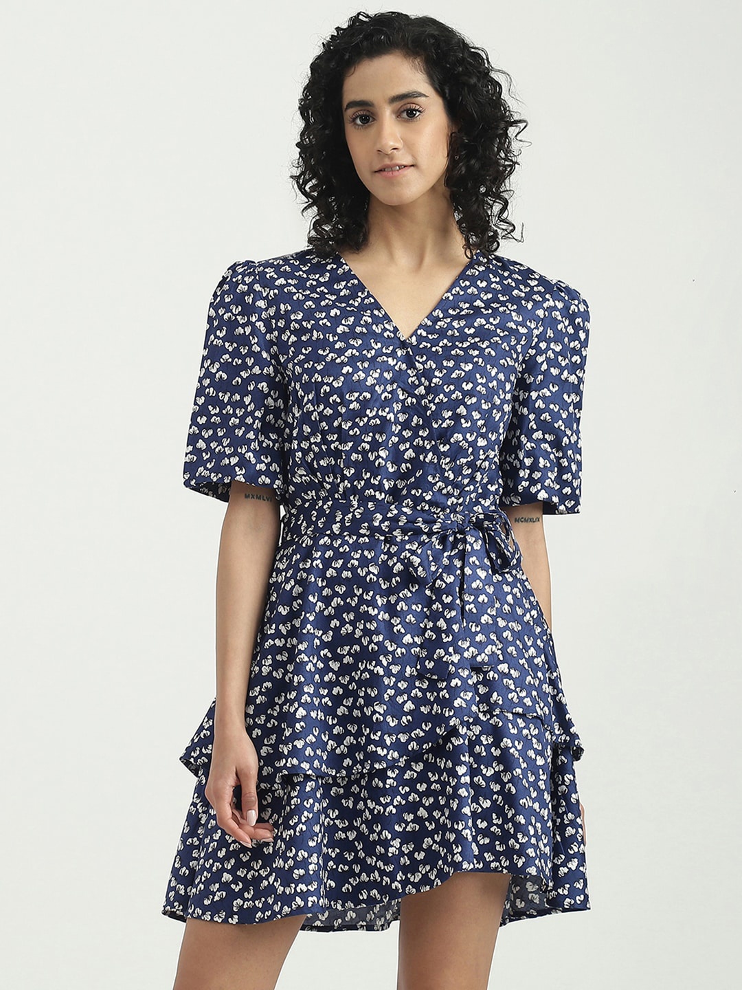 

United Colors of Benetton V-Neck Flared Sleeves Floral Dress, Blue