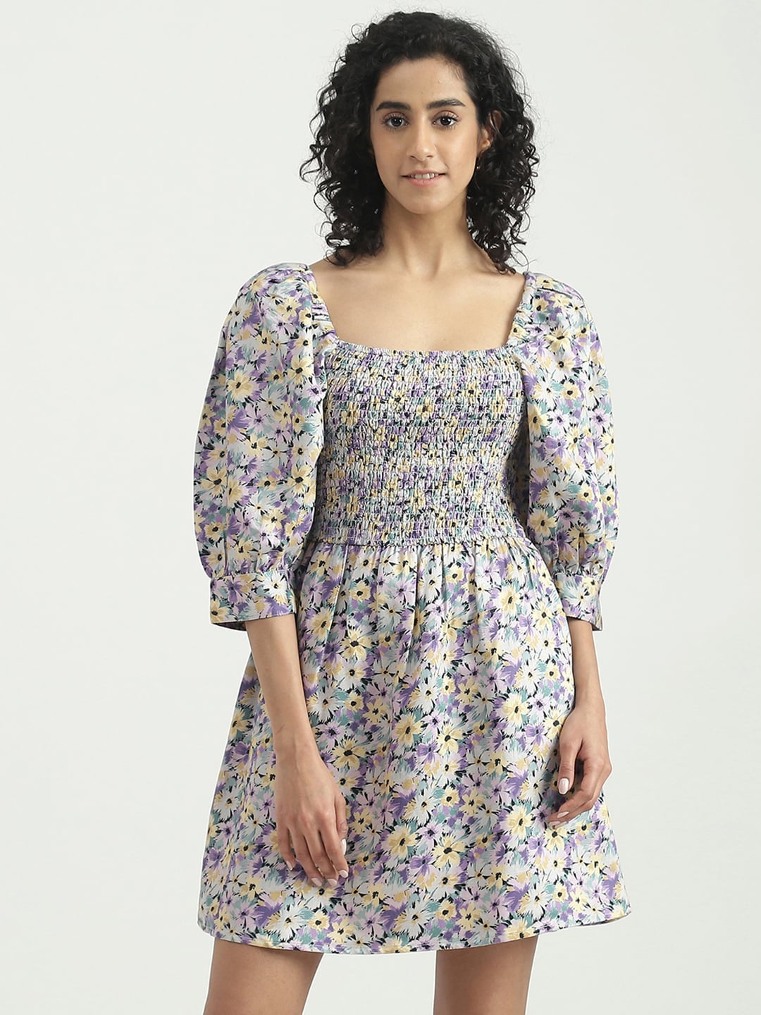 

United Colors of Benetton Floral Printed Square Neck Dress, Off white