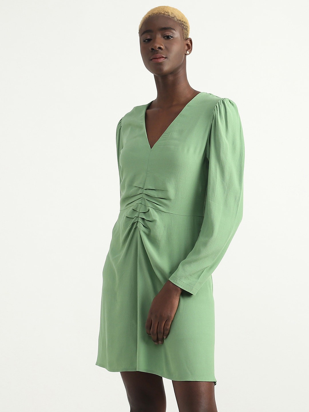 

United Colors of Benetton Puff Sleeves V-Neck Gathered A-Line Dress, Green