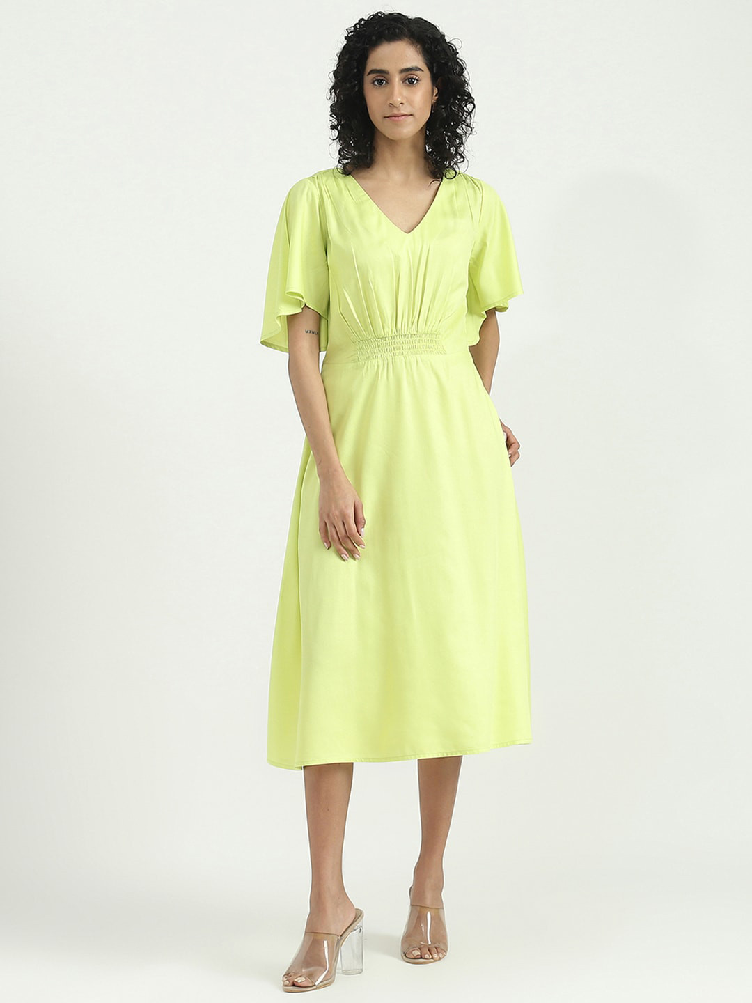 

United Colors of Benetton V-Neck Flared Sleeves Midi Dress, Fluorescent green