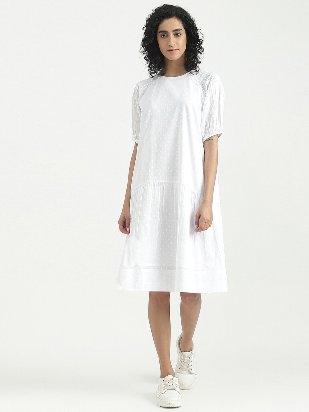 

United Colors of Benetton Self Design Smocked Cotton Drop-Waist Dress, White