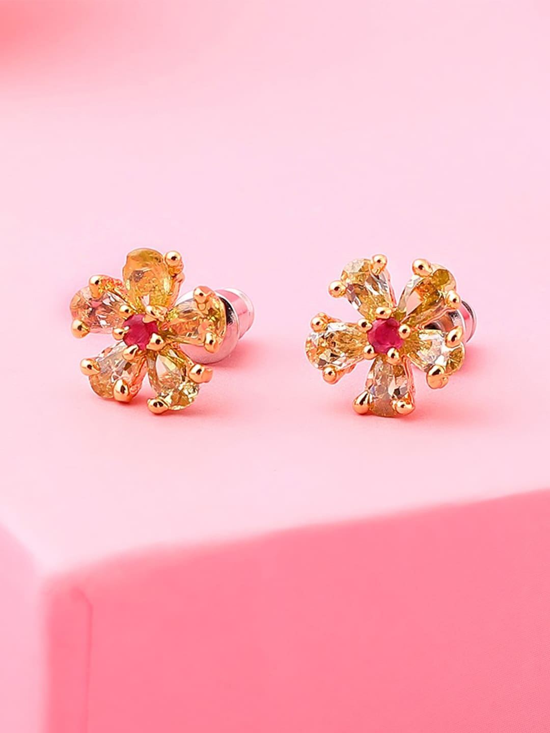 

Estele Gold-Plated Floral Cubic Zirconia Studs Earrings, Pink