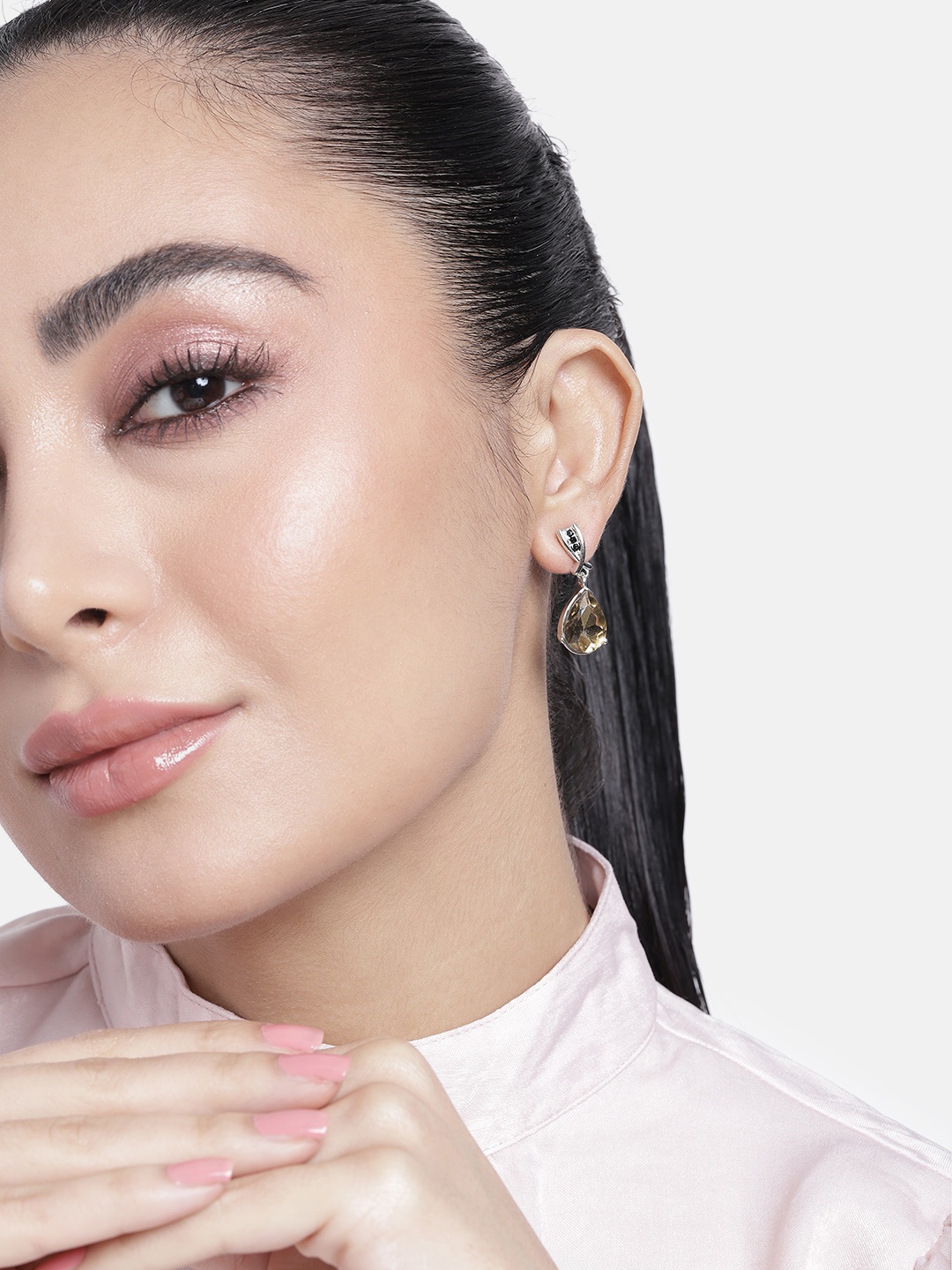 

Estele Rhodium-Plated Teardrop Shaped Drop Earrings, Yellow
