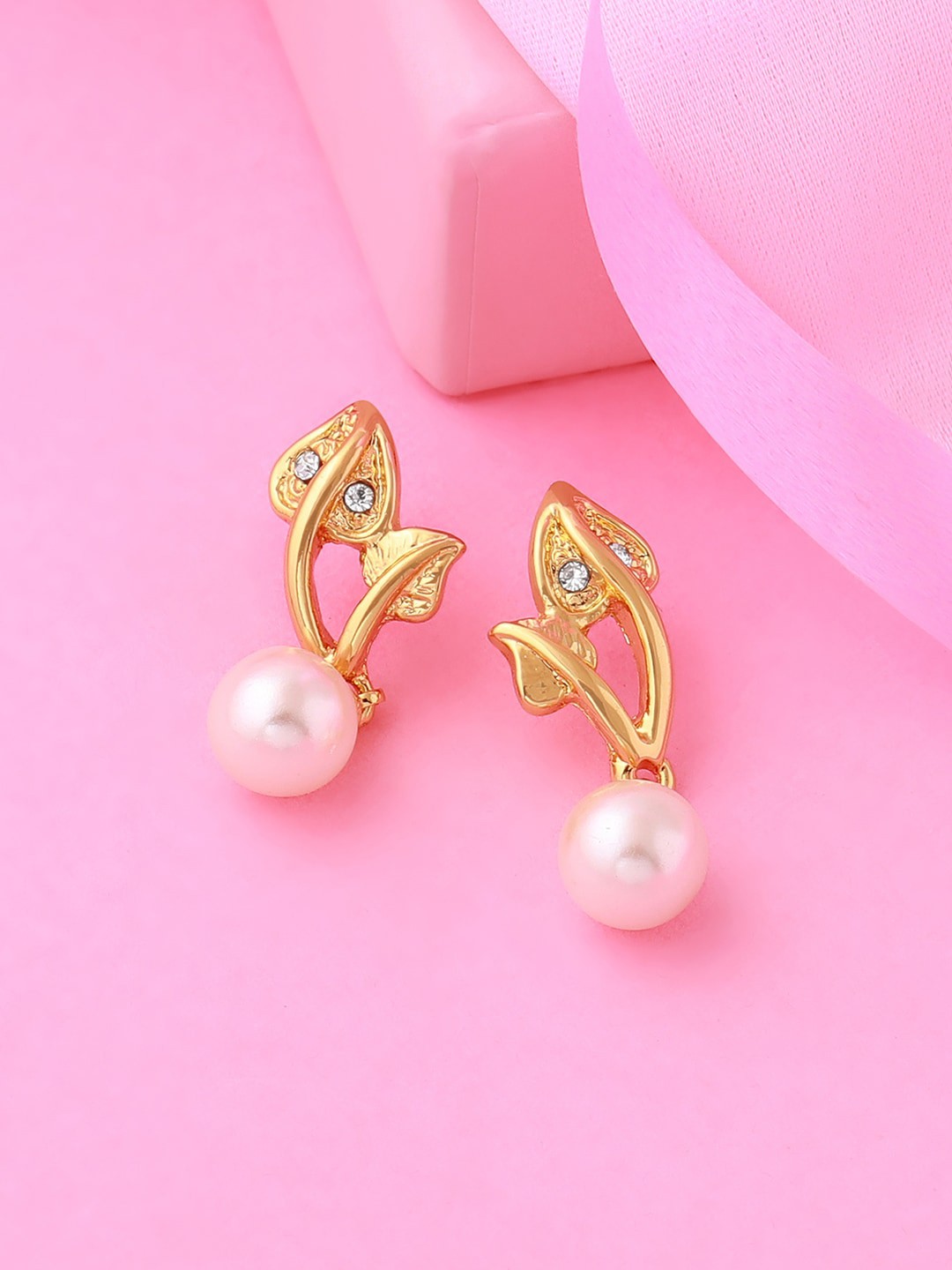 

Estele Gold-Plated Stone Studded & Beaded Leaf Shaped Studs Earrings, White
