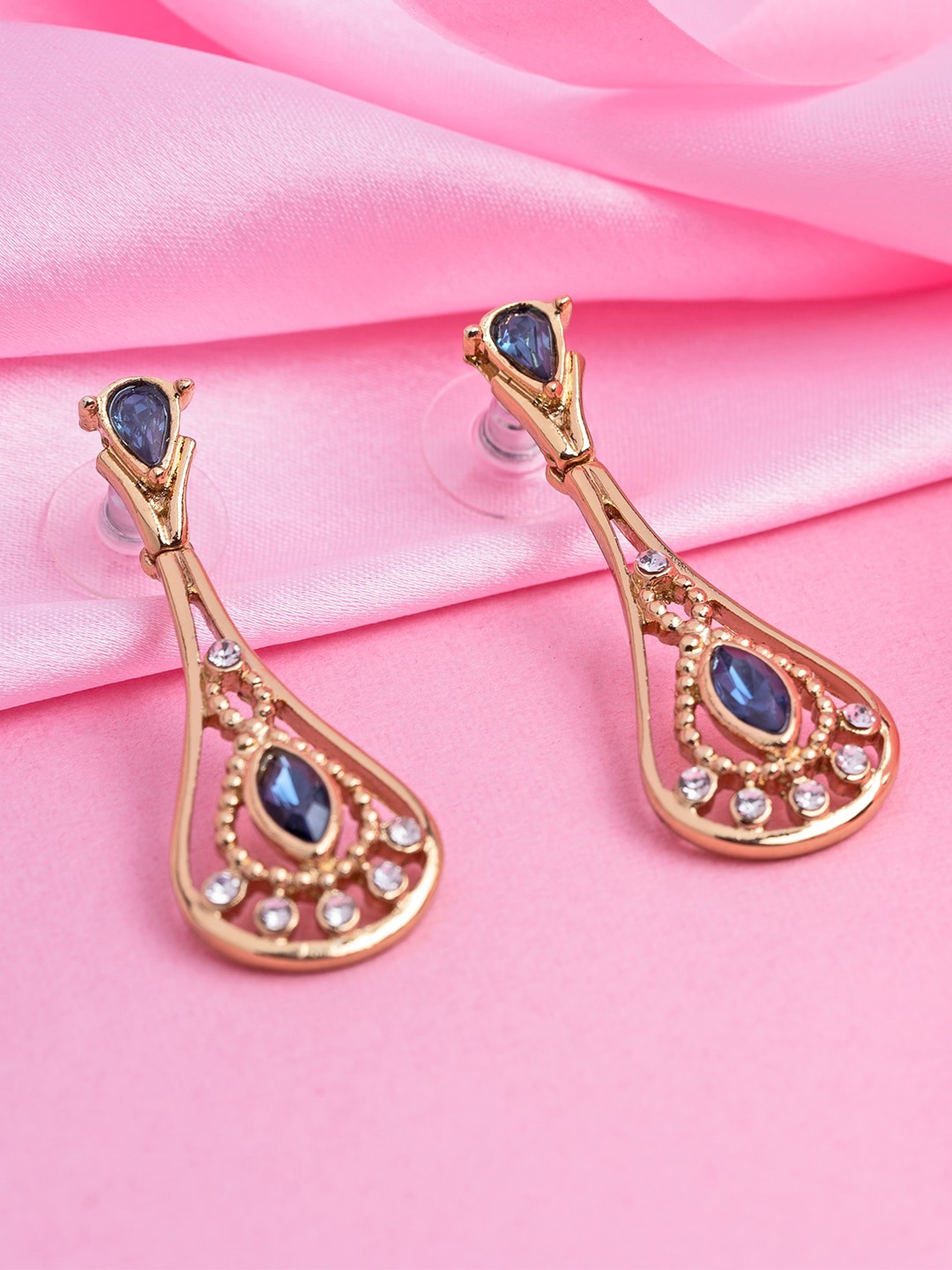 

Estele Gold Plated Contemporary Shaped Crystal Studded Drop Earrings, Blue