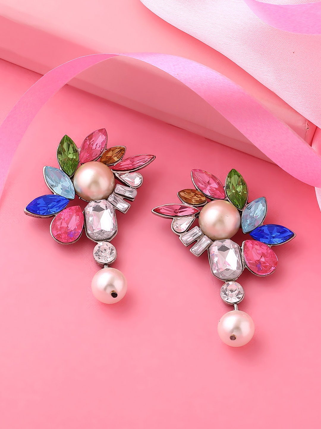 

Estele Rhodium Plated Floral Shaped Crystal Studded Drop Earrings, White