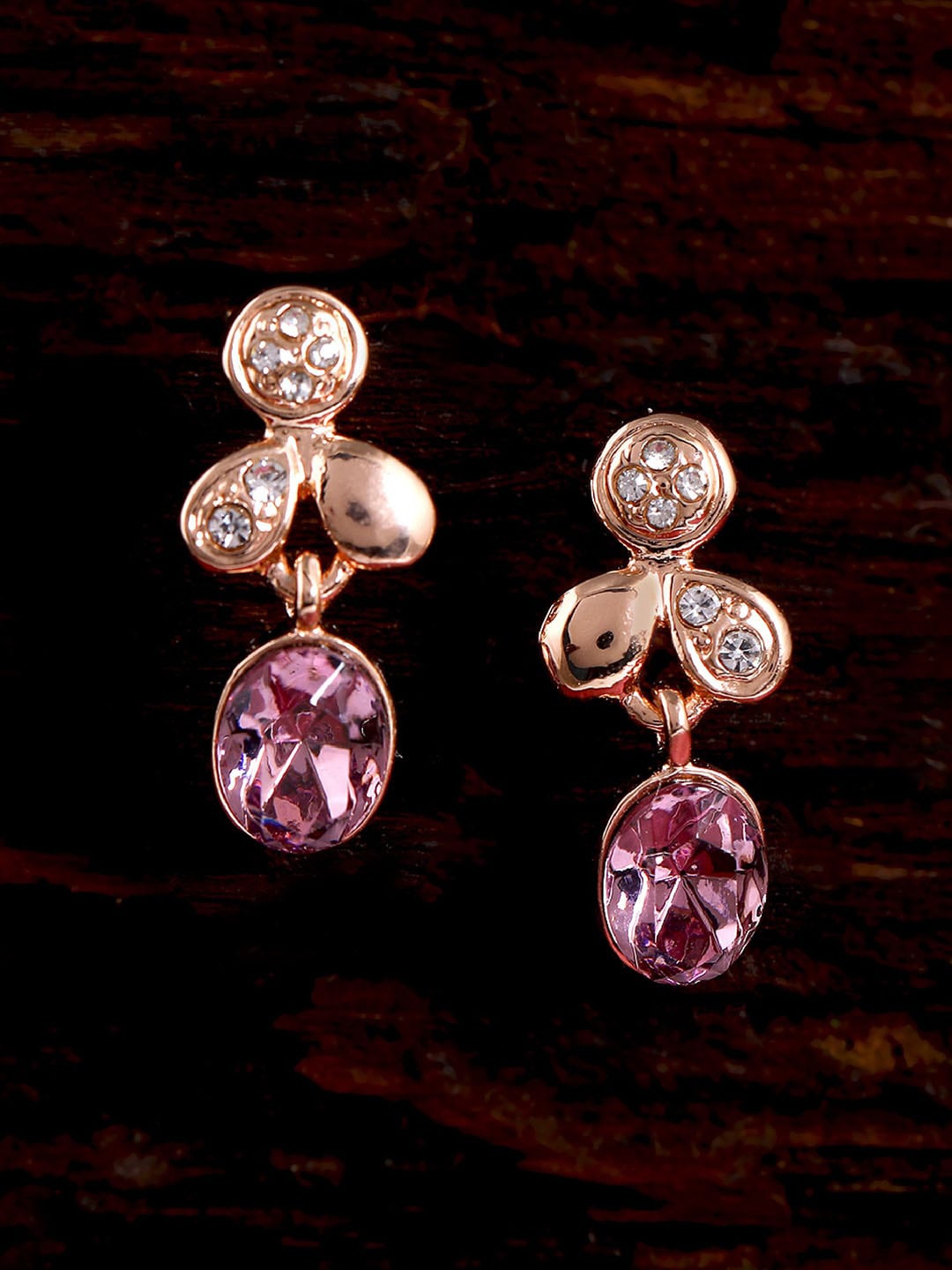 

Estele Rose Gold Plated Leaf Shaped Drop Earrings, Purple