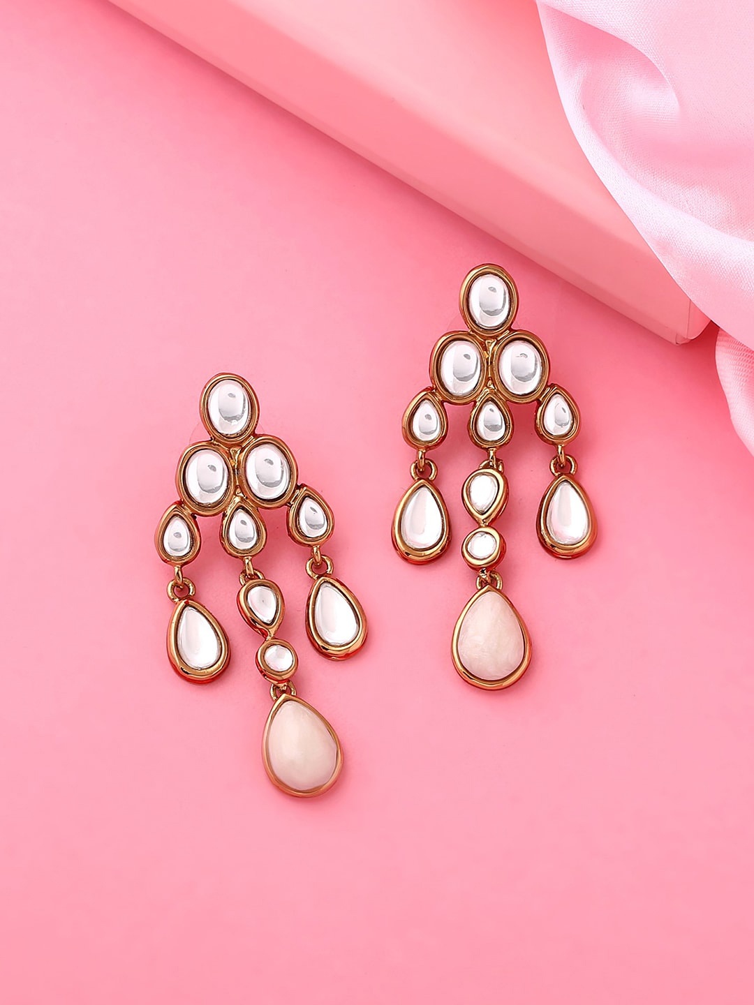 Estele Gold-Plated Kundan Teardrop Shaped Drop Earrings, White
