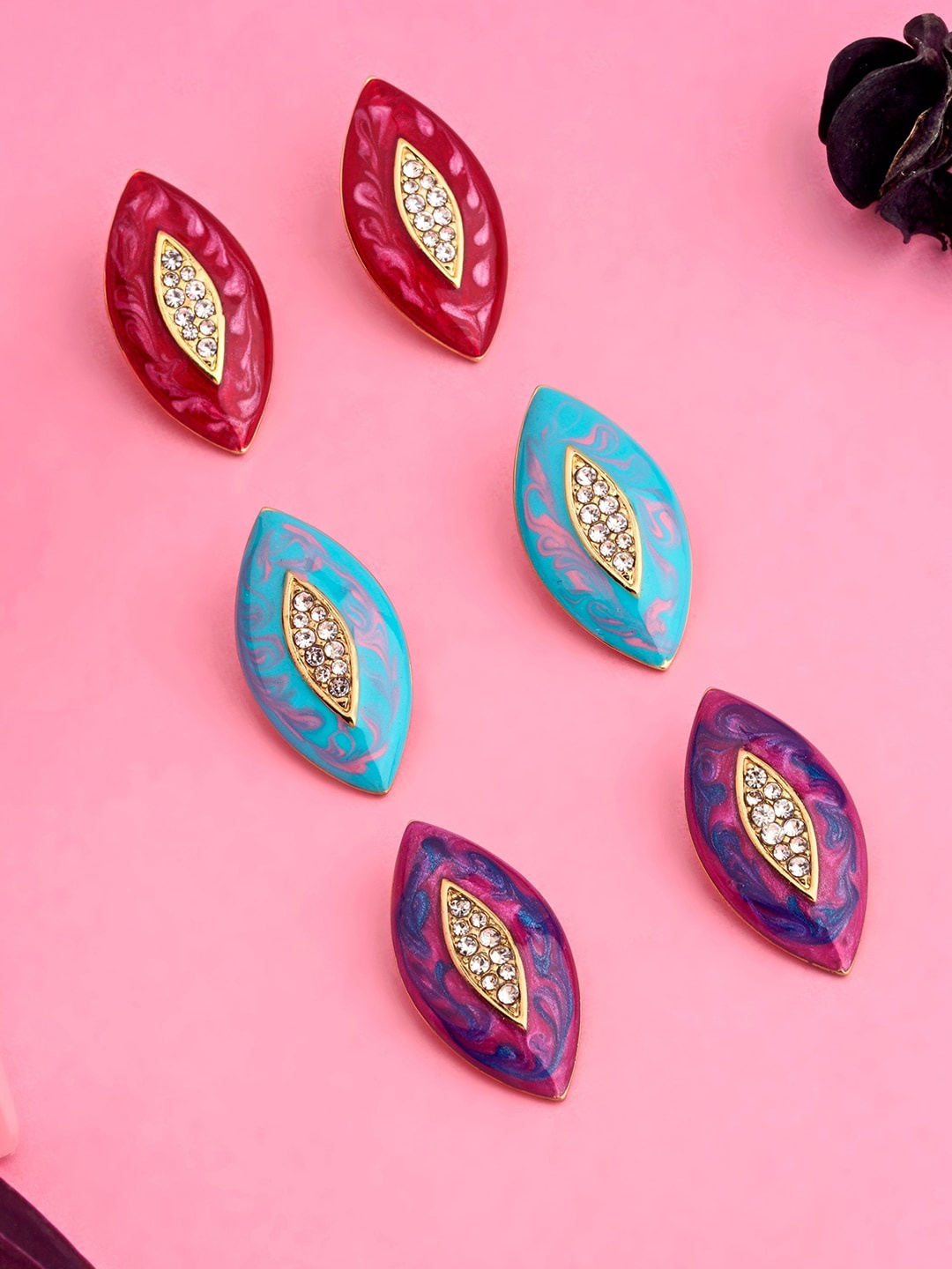 

Estele Set Of 3 Gold-Plated Leaf Shaped Crystal Studs Earrings, Red