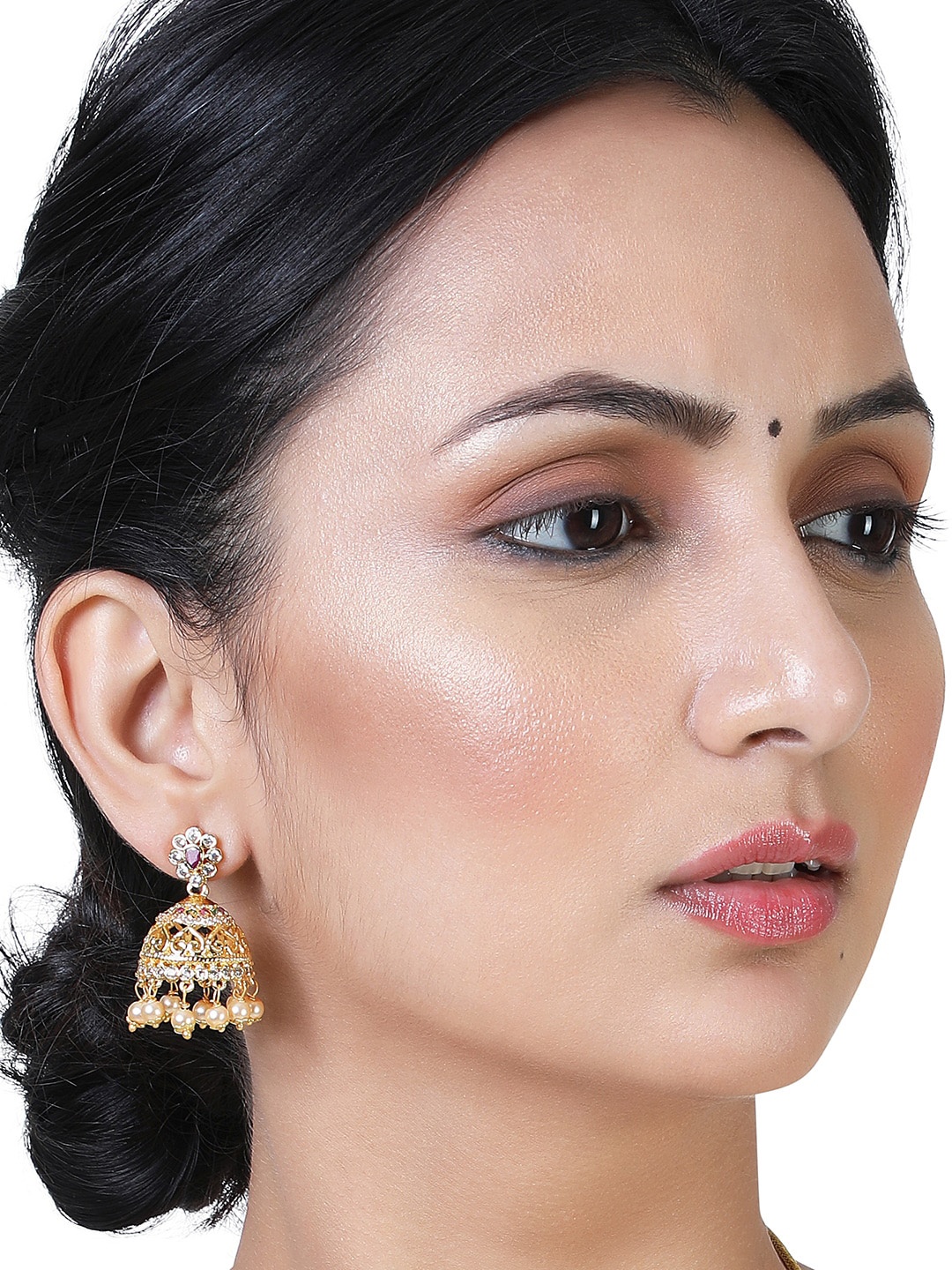 

Estele Gold-Plated Stone-Studded & Beaded Classic Jhumkas Earrings, Pink