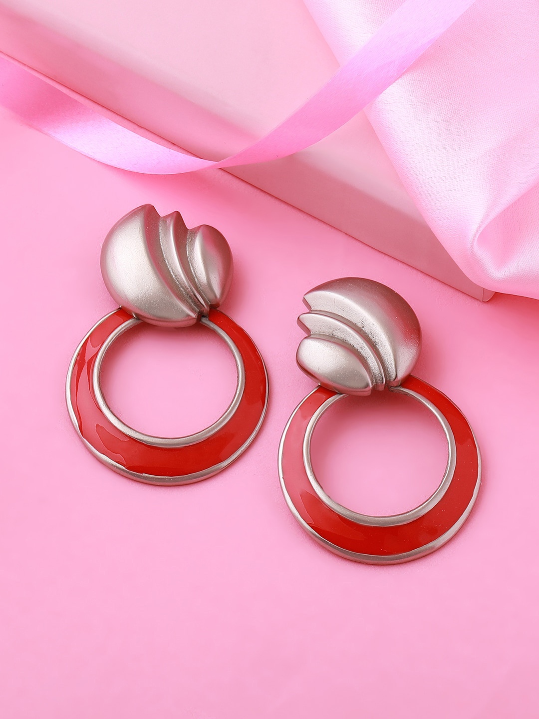 

Estele Rhodium Plated Circular Drop Earrings, Red