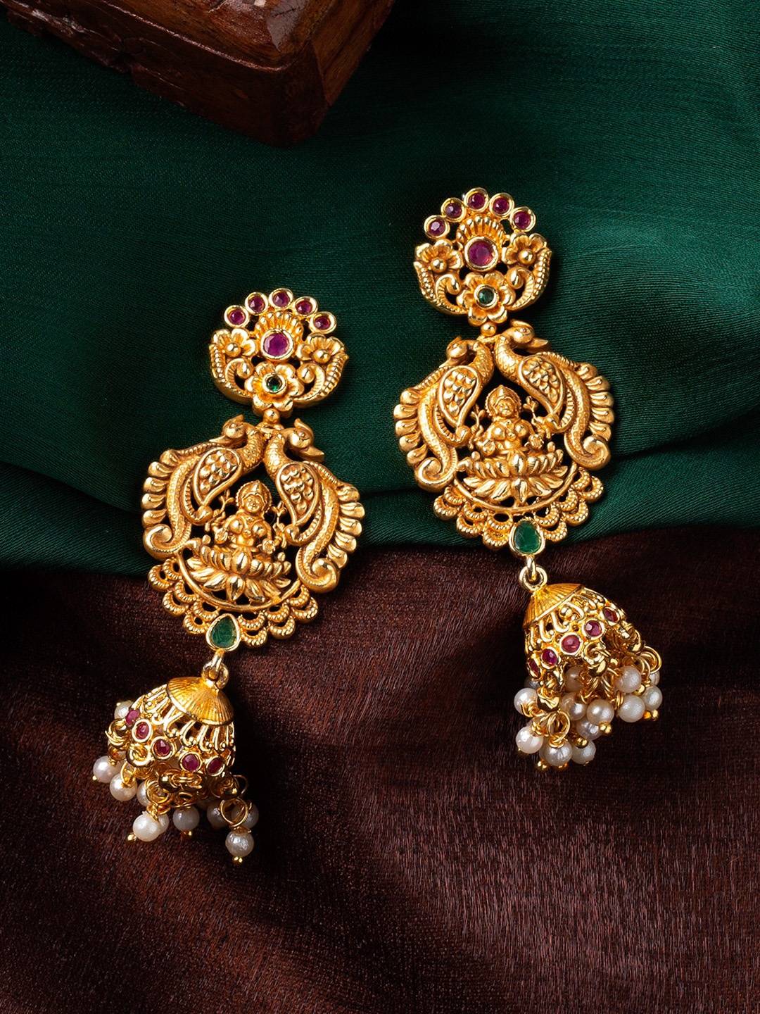 

Estele Gold-Plated Cubic Zirconia Peacock Shaped Jhumkas Earrings, Pink