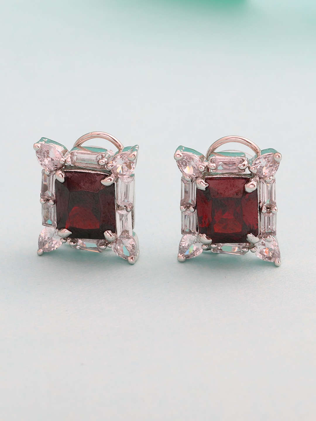 

Estele Rhodium-Plated Cubic Zirconia Square Studs Earrings, Maroon