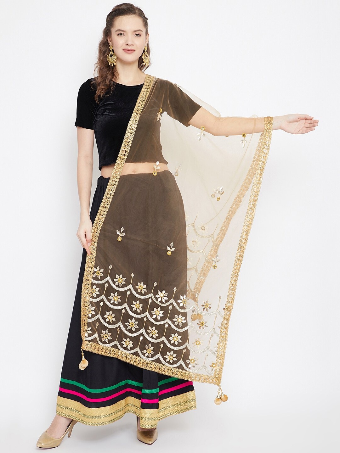 

Clora Creation Ethnic Motifs Embroidered Net Dupatta, Gold