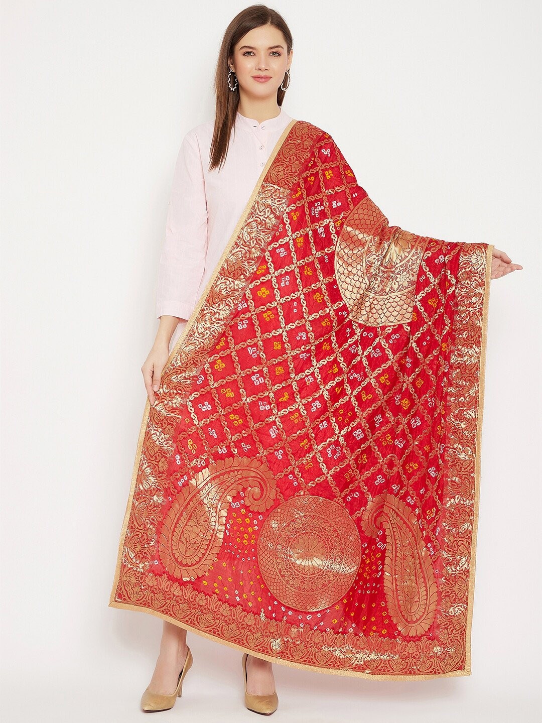 

Clora Creation Paisley Woven Design Dupatta with Gotta Patti, Red