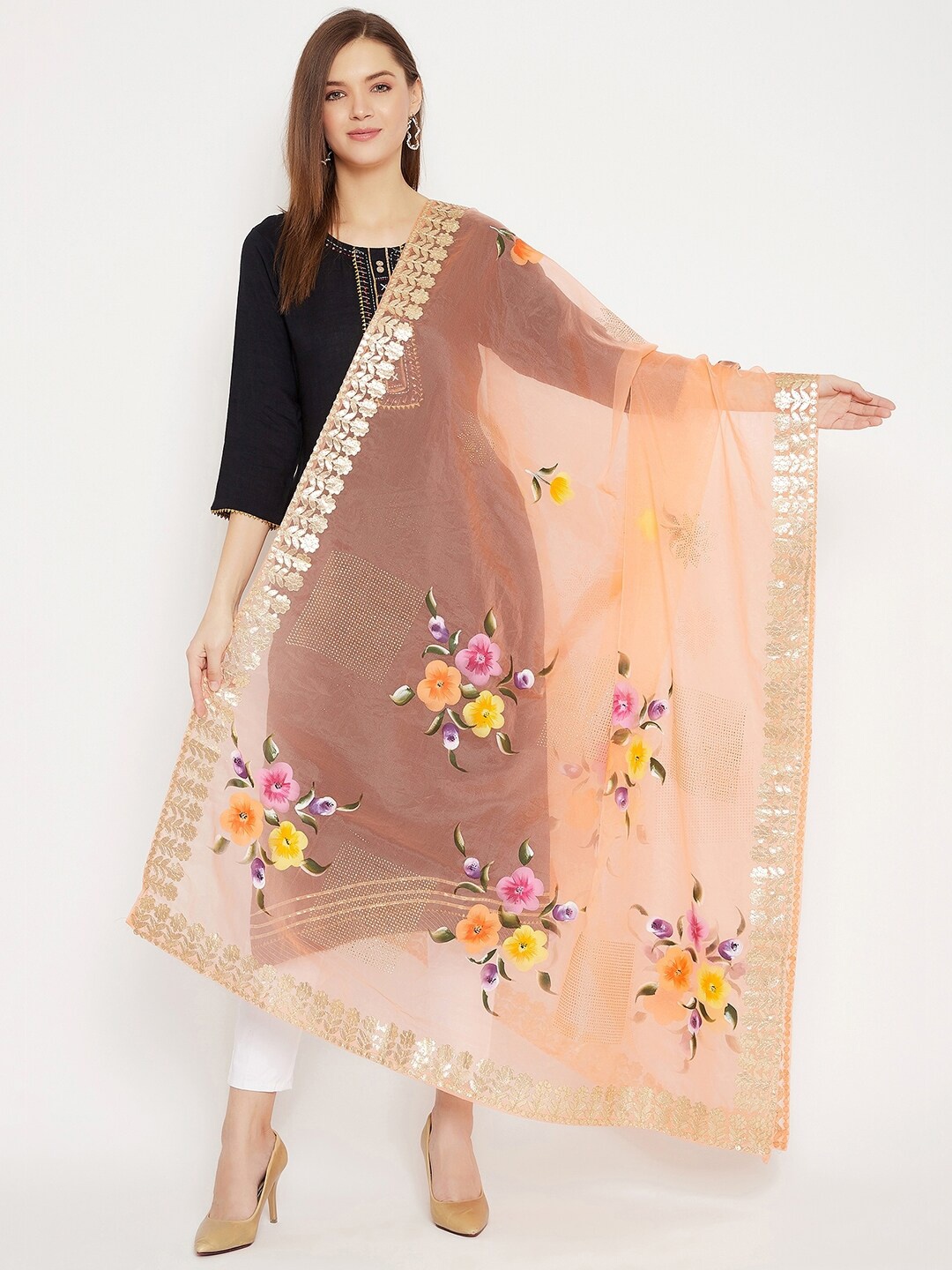 

Clora Creation Floral Printed Organza Dupatta with Gotta Patti, Peach