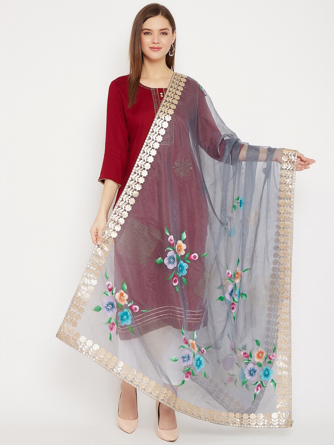 

Clora Creation Printed Organza Dupatta with Gotta Patti, Pink