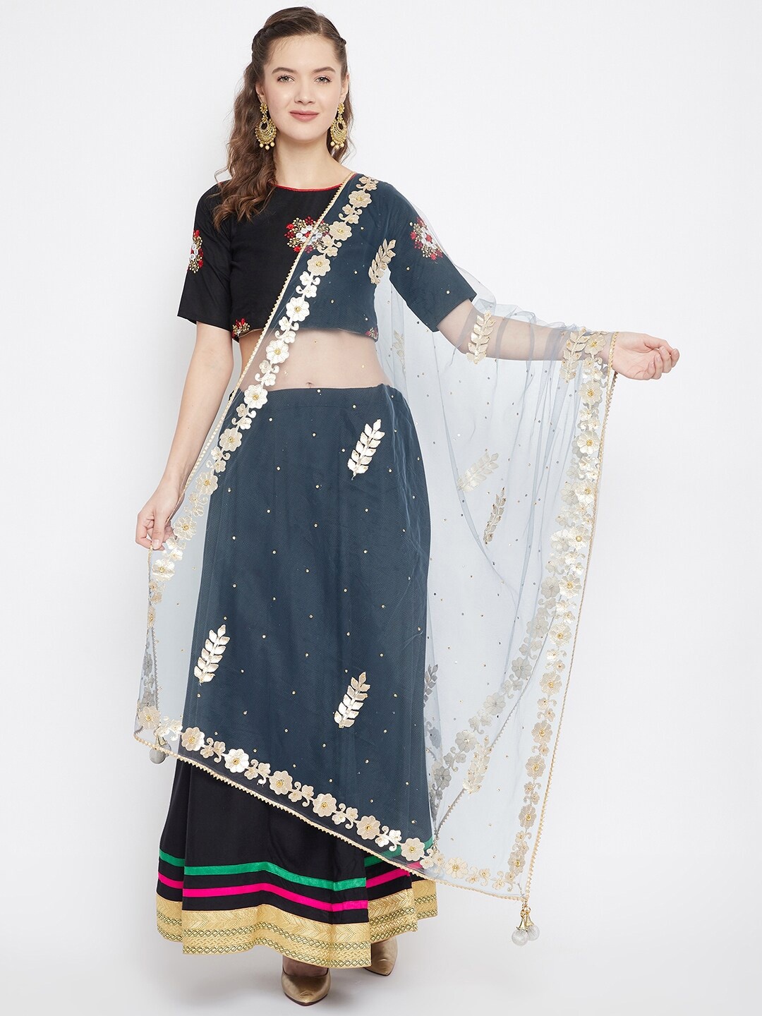 

Clora Creation Floral Embroidered Dupatta with Gotta Patti, Grey