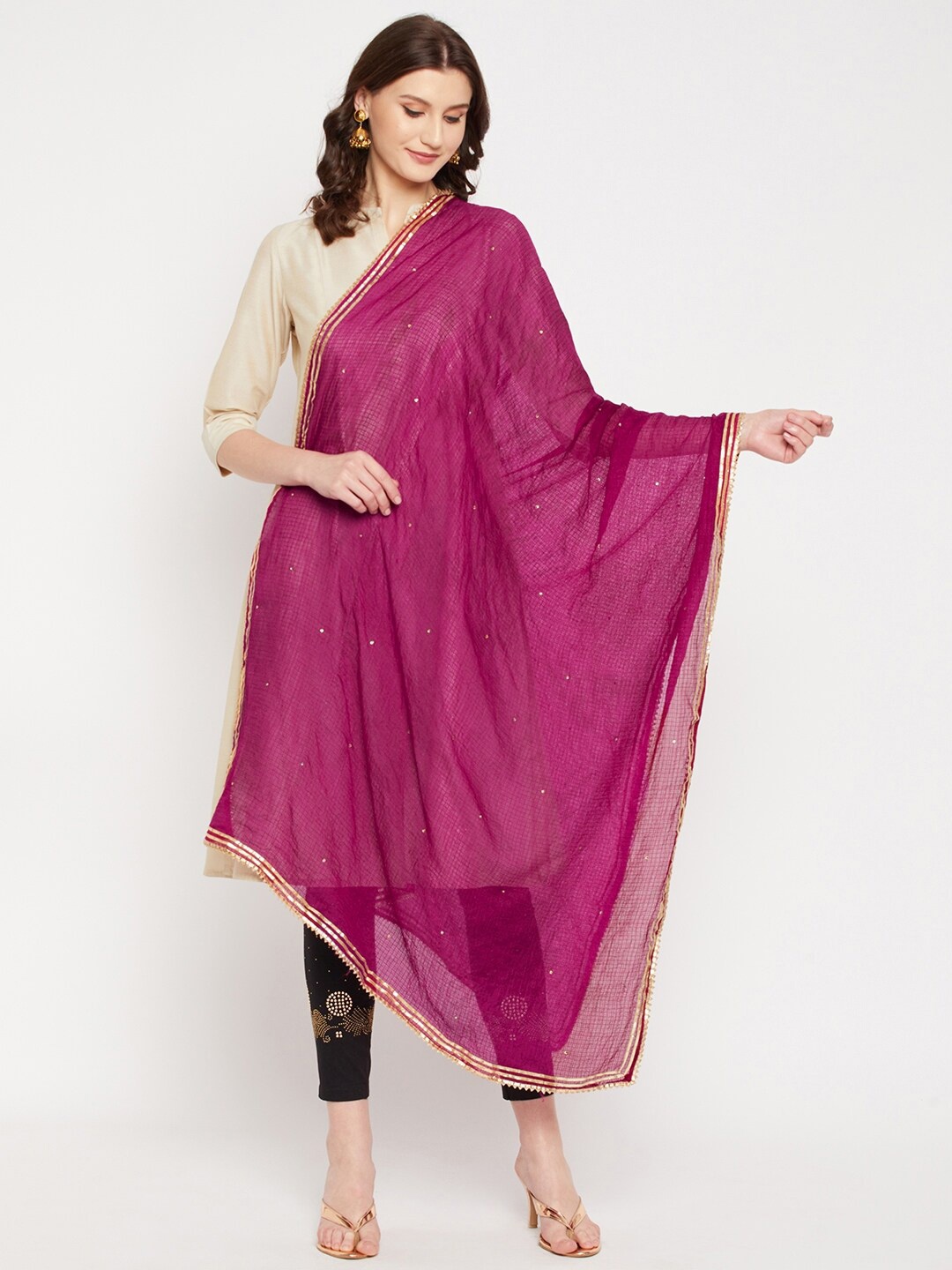 

Clora Creation Checked Dupatta with Gotta Patti Border, Purple