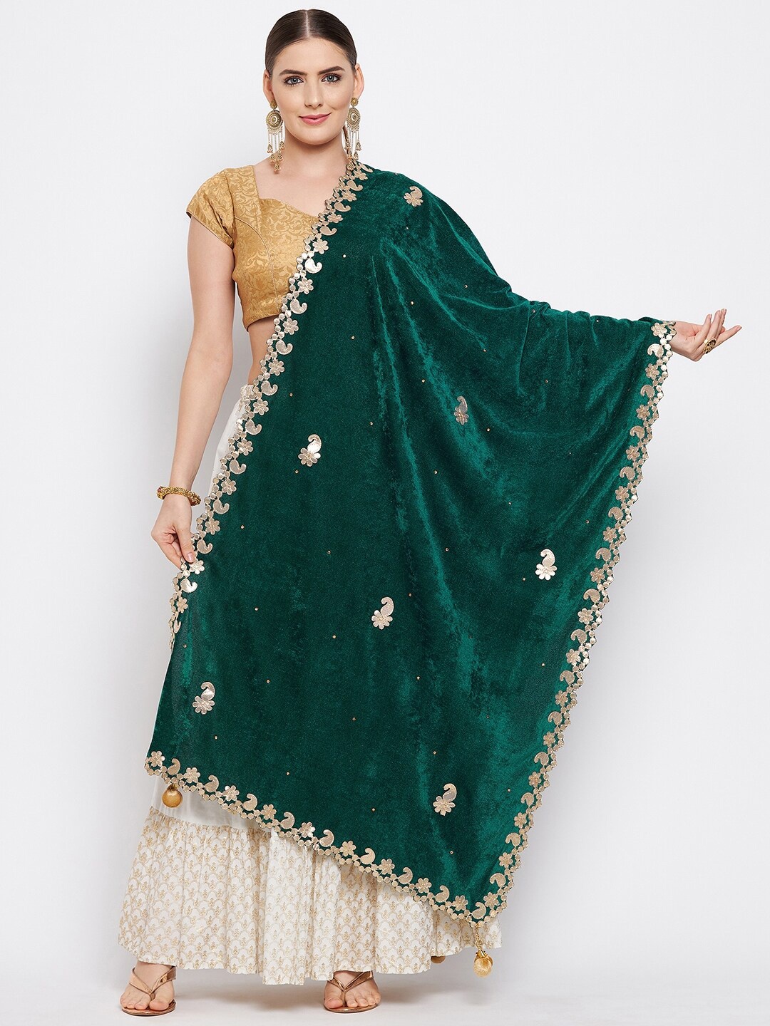 

Clora Creation Embellished Velvet Dupatta, Green