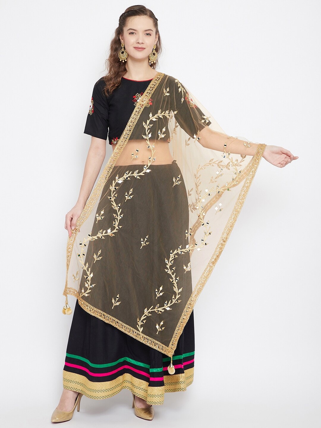 

Clora Creation Ethnic Motifs Embroidered Dupatta with Mirror Work, Gold