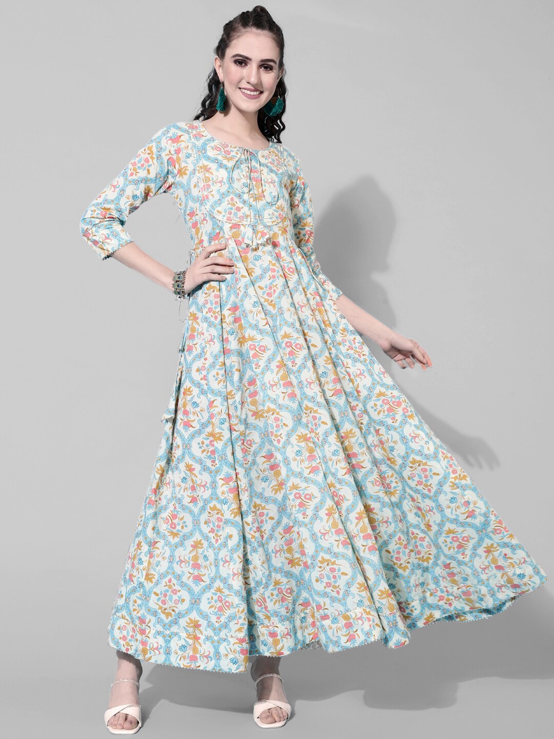 

KIMAYRA Tie-Up Neck Floral Printed Cotton Anarkali Kurta, Off white