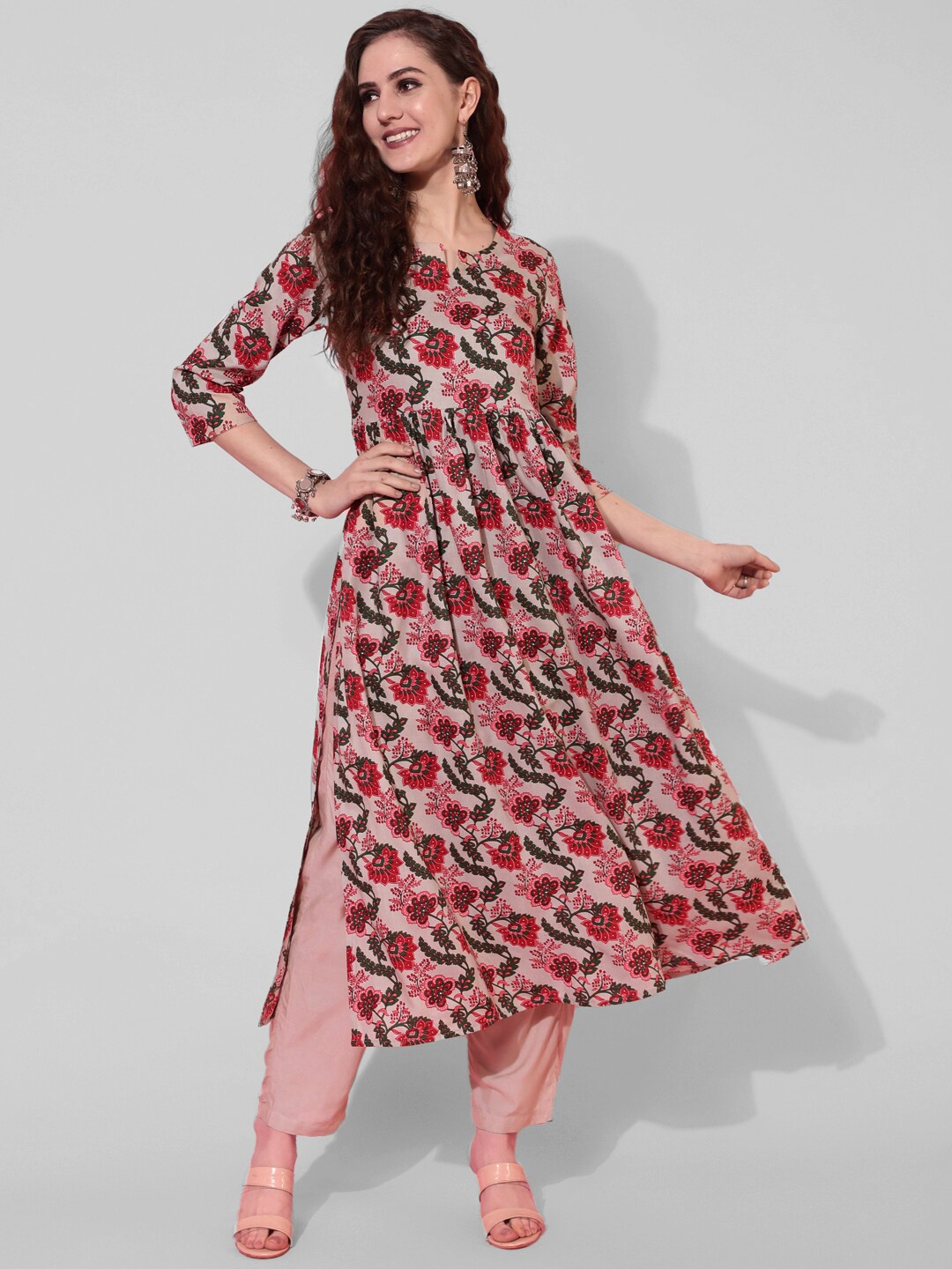 

KIMAYRA Floral Printed Pleated Pure Cotton A-Line Kurta, Beige