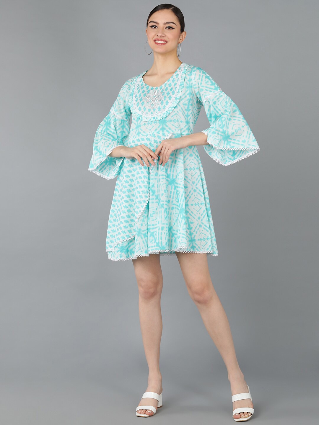

Senyora Tie-Dye Embroidered Fit & Flare Cotton Dress, Turquoise blue