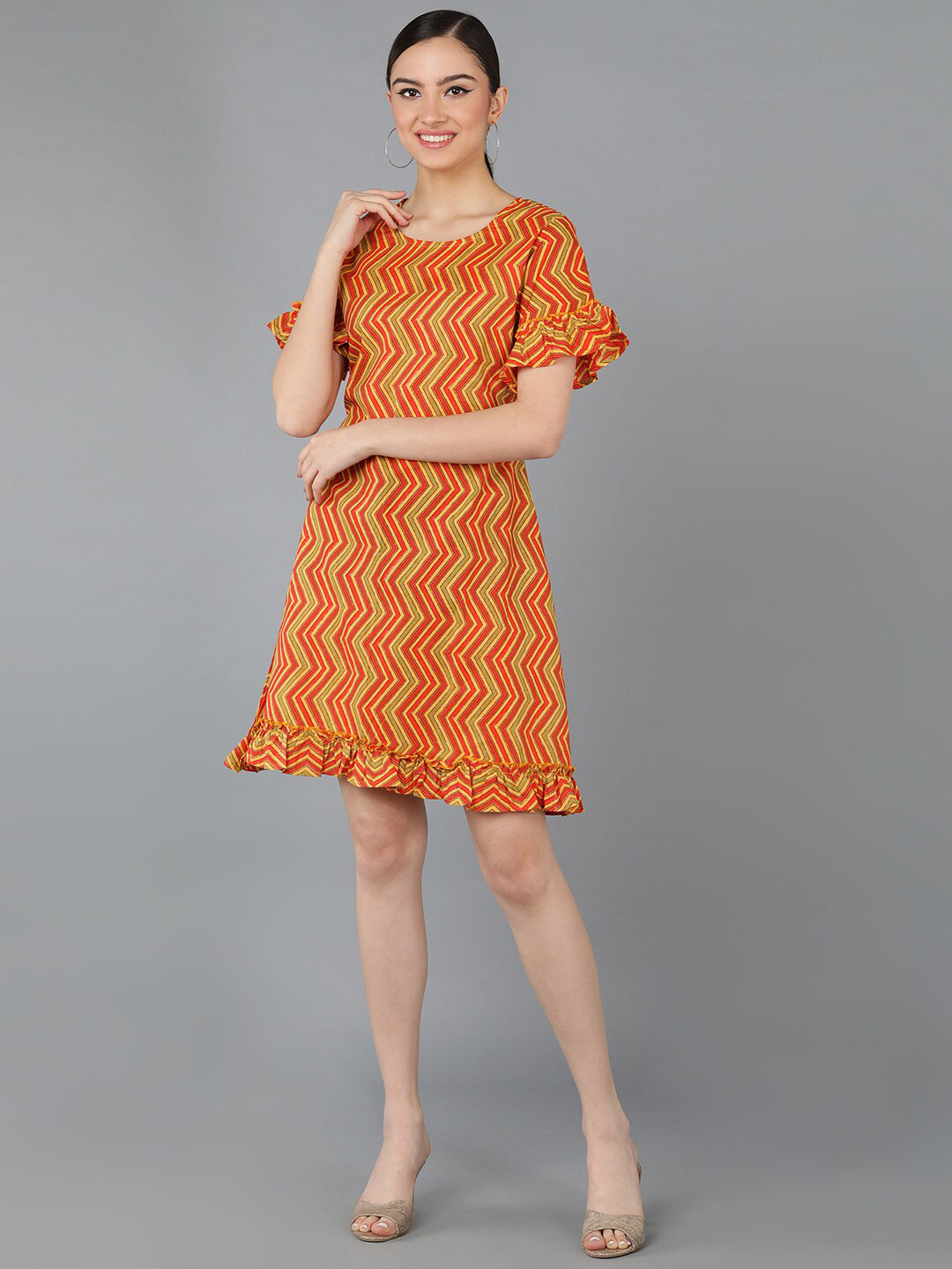 

Senyora Chevron Printed Ruffles A-Line Cotton Dress, Mustard