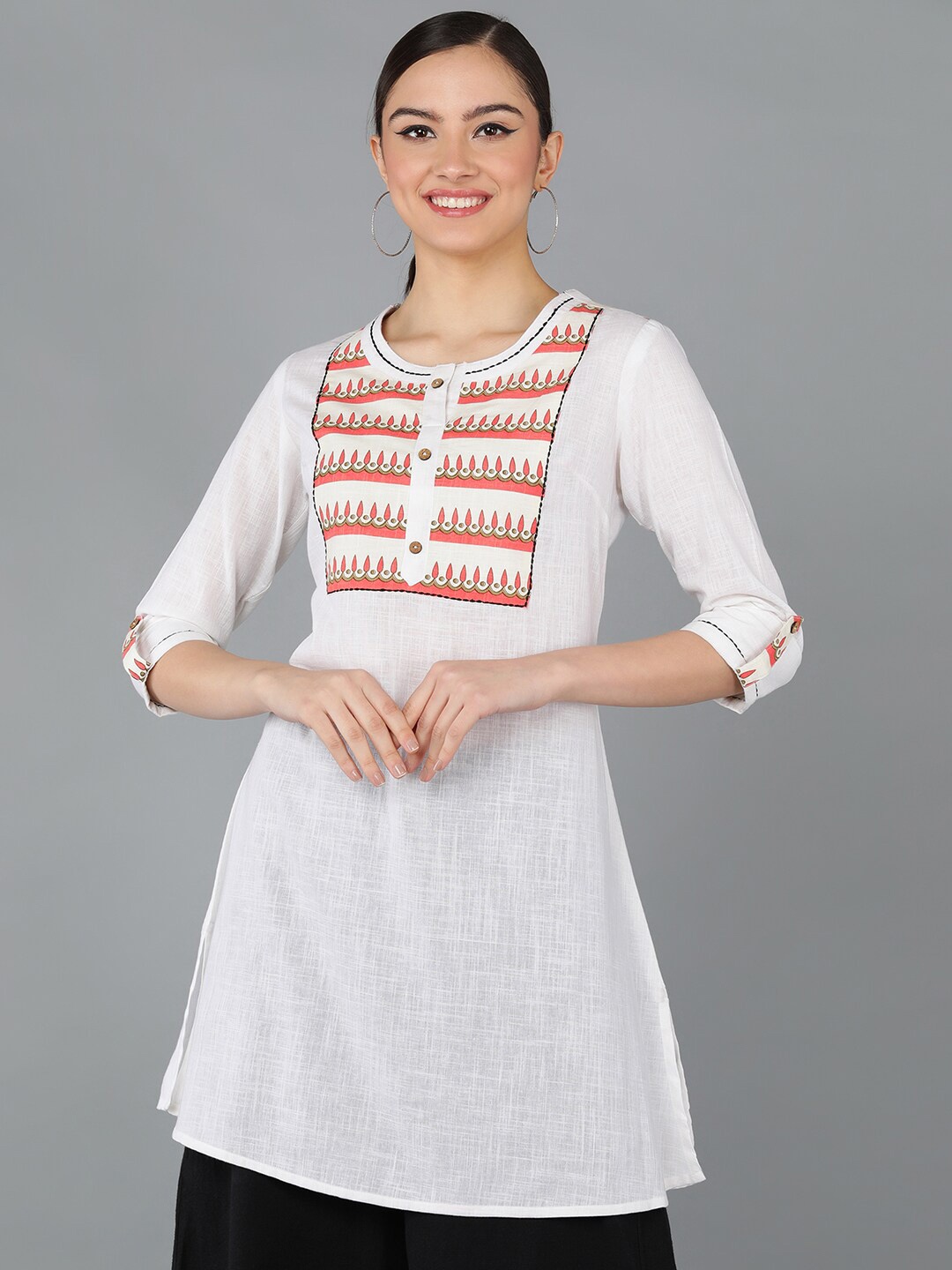 

Senyora Ethnic Motif Yoke Design Straight Cotton Kurti, White